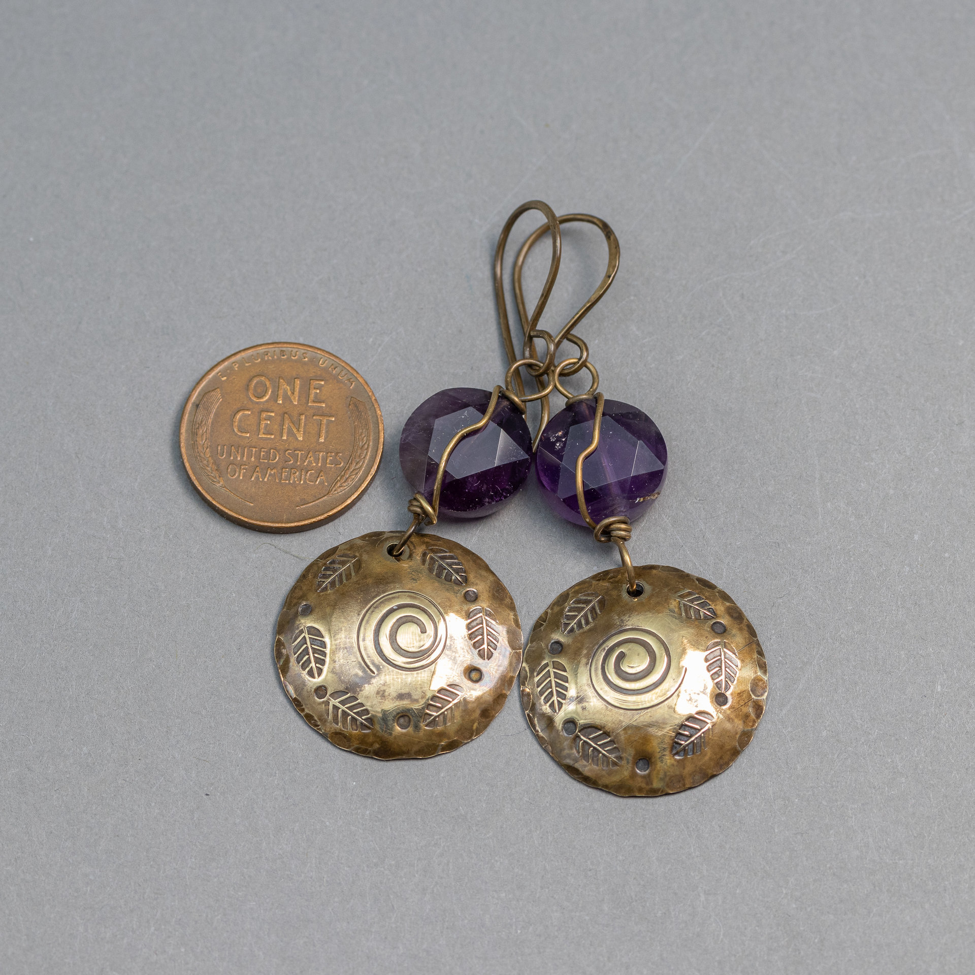Brass and Amethyst Dangle Earrings with Hand Stamped Autumn Design