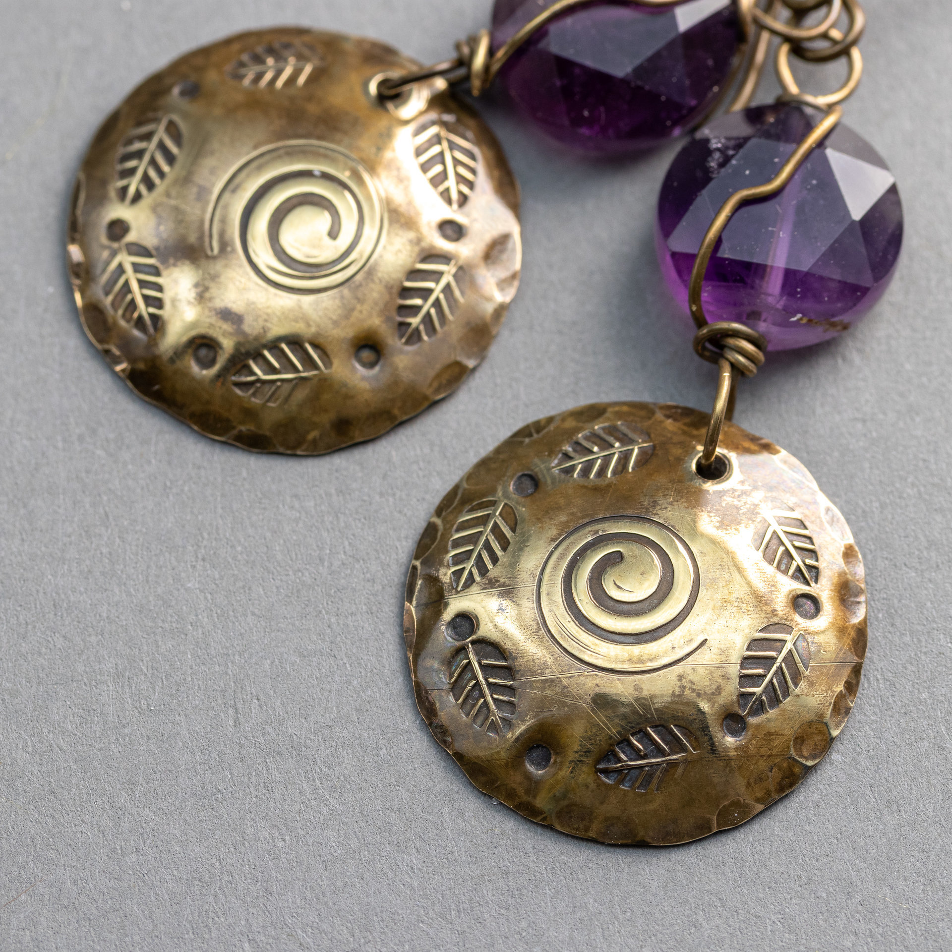Brass and Amethyst Dangle Earrings with Hand Stamped Autumn Design