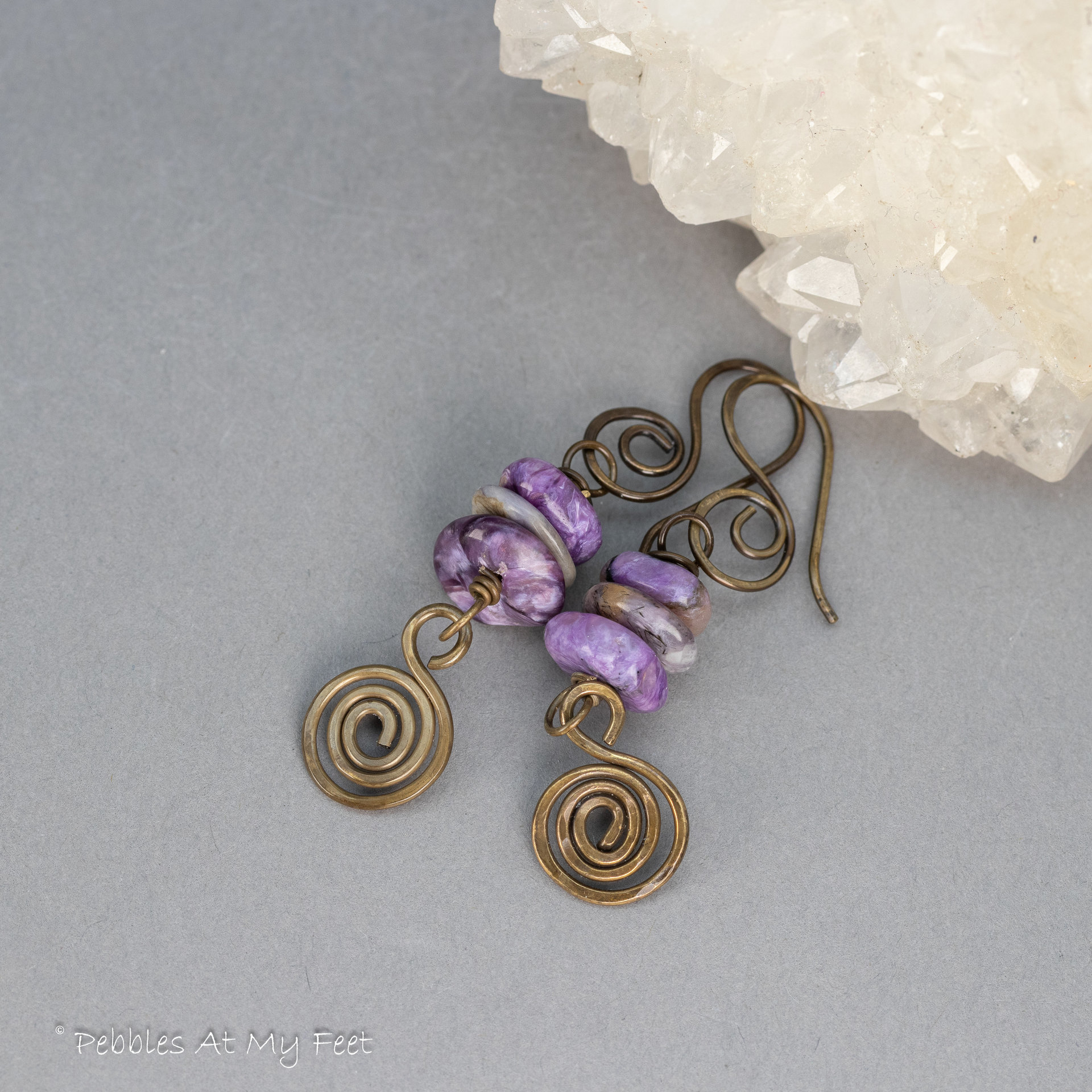 Brass Spiral Dangle Earrings With Purple Charoite Stones