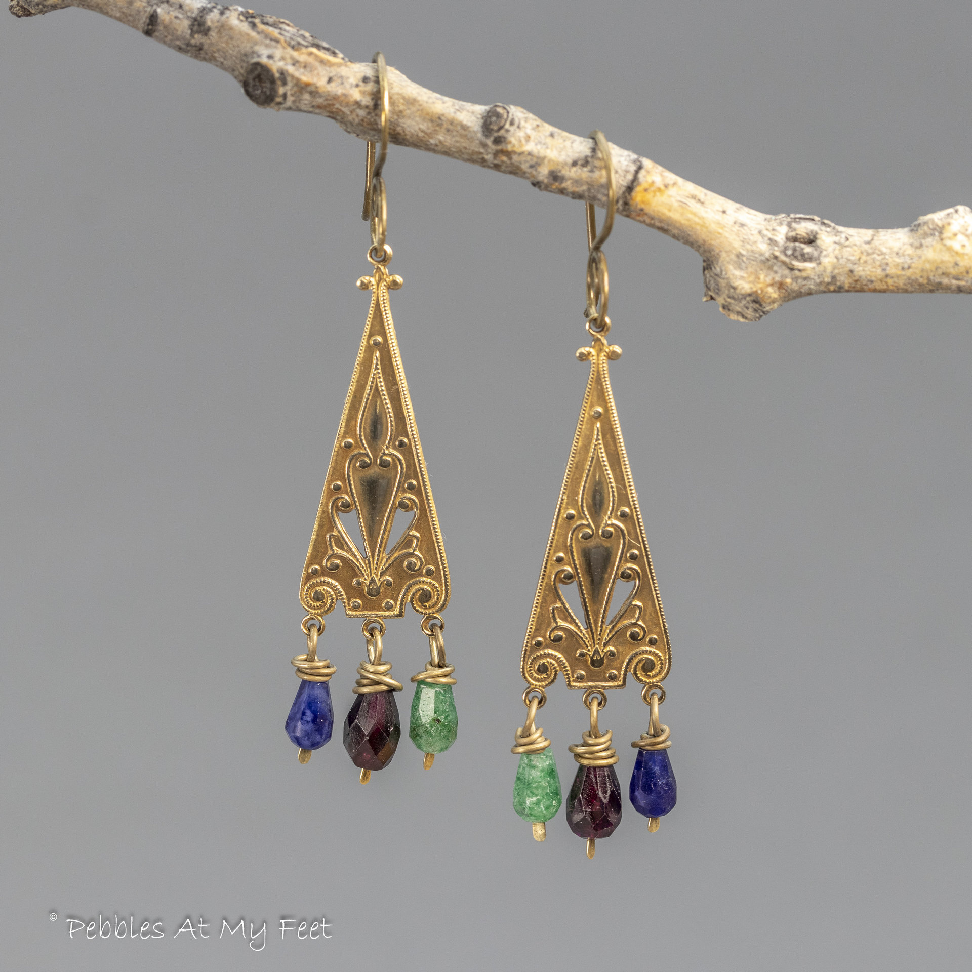 Brass Vintage Style Dangle Earrings with Multi-color Gemstones