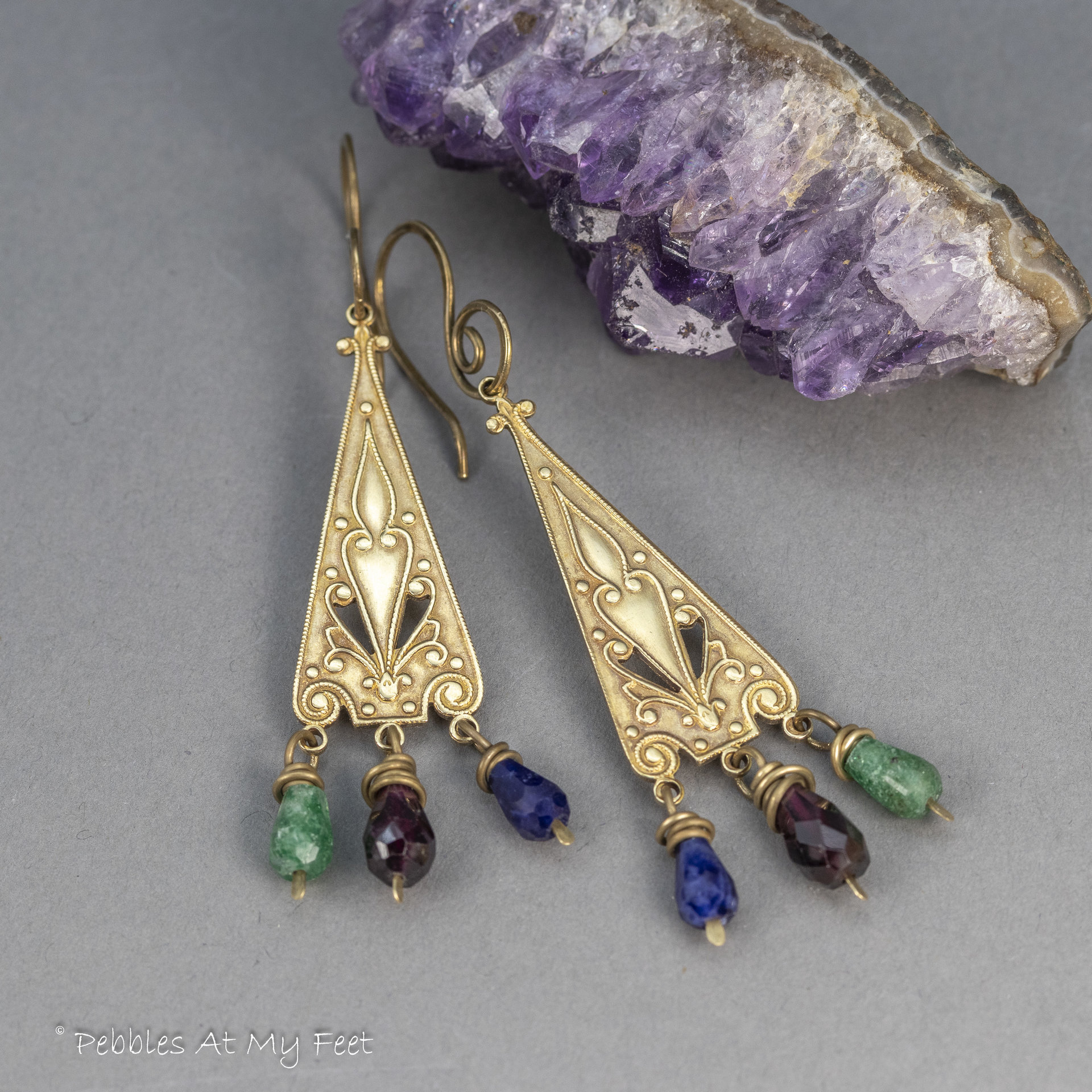 Brass Vintage Style Dangle Earrings with Multi-color Gemstones