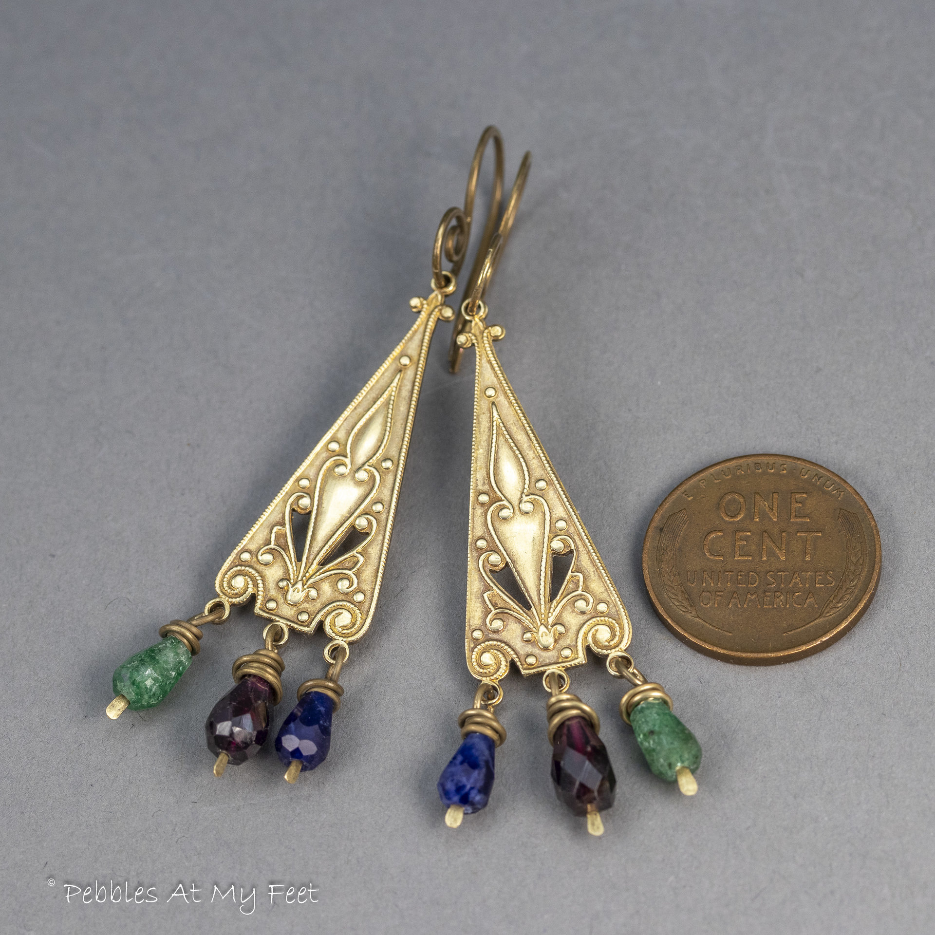 Brass Vintage Style Dangle Earrings with Multi-color Gemstones