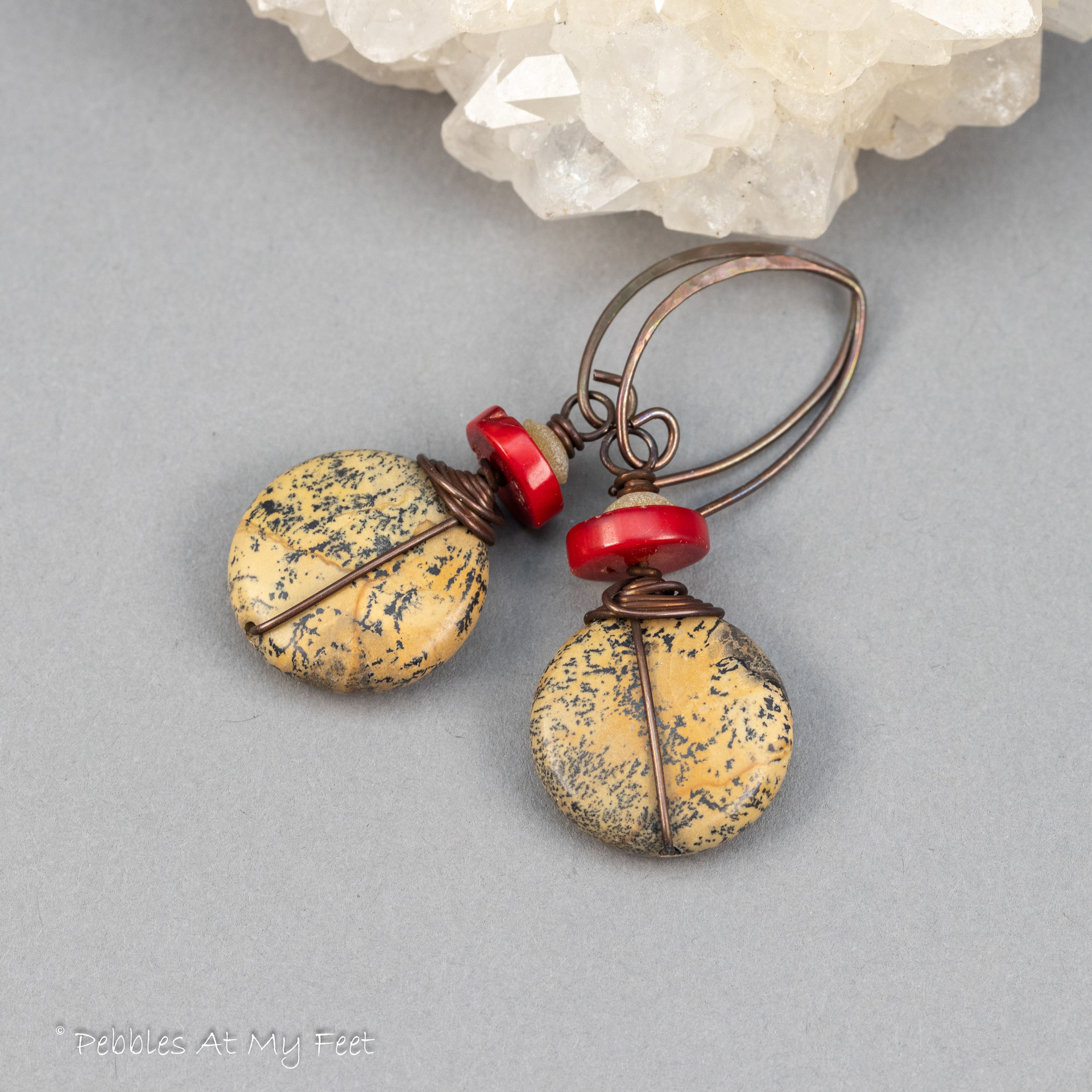 Brown Jasper Earrings in Copper, Red Coral and Brown Stone Circle Earrings, Earthy Natural Stone Jewelry