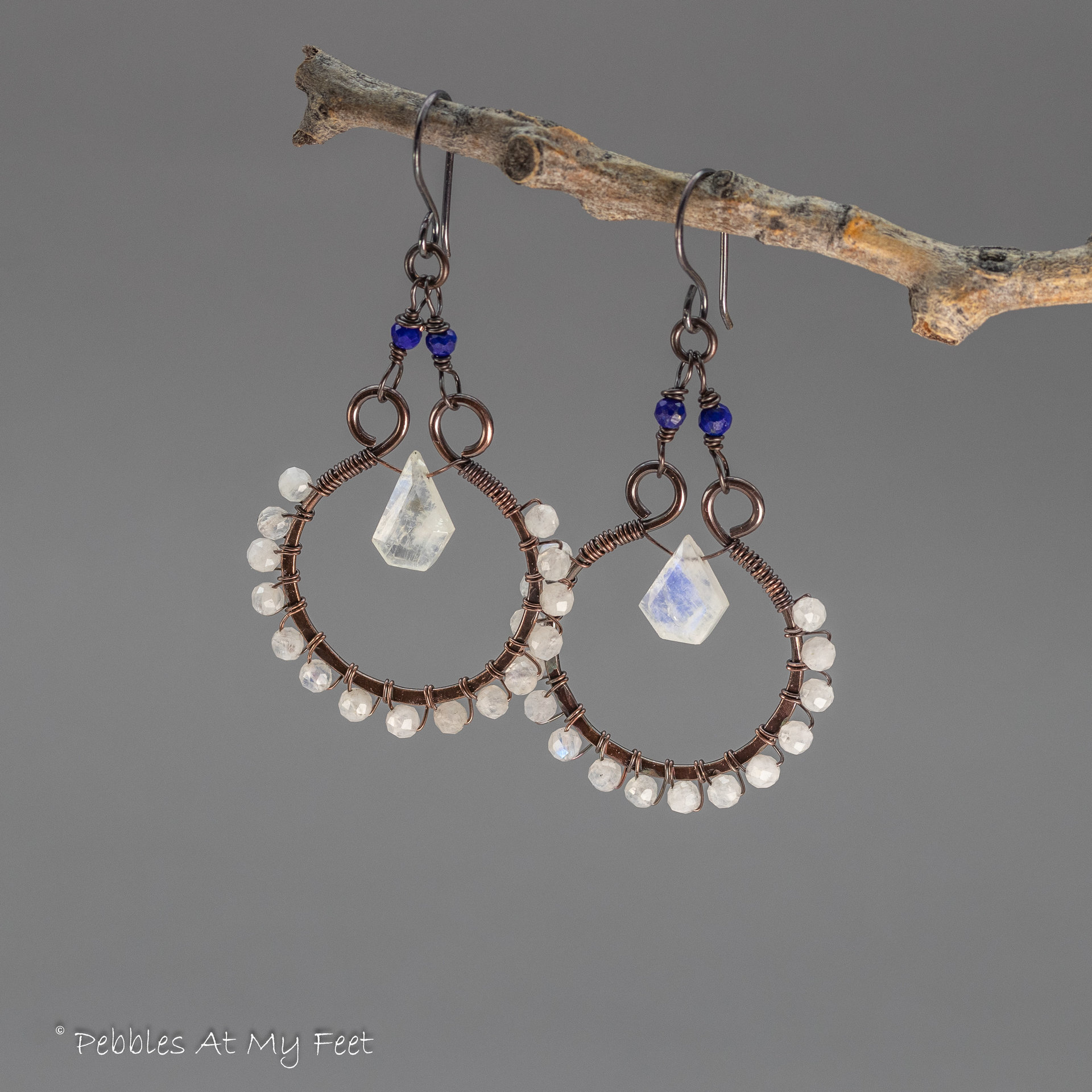 Moonstone Antiqued Patina Copper Hoop Dangle Earrings