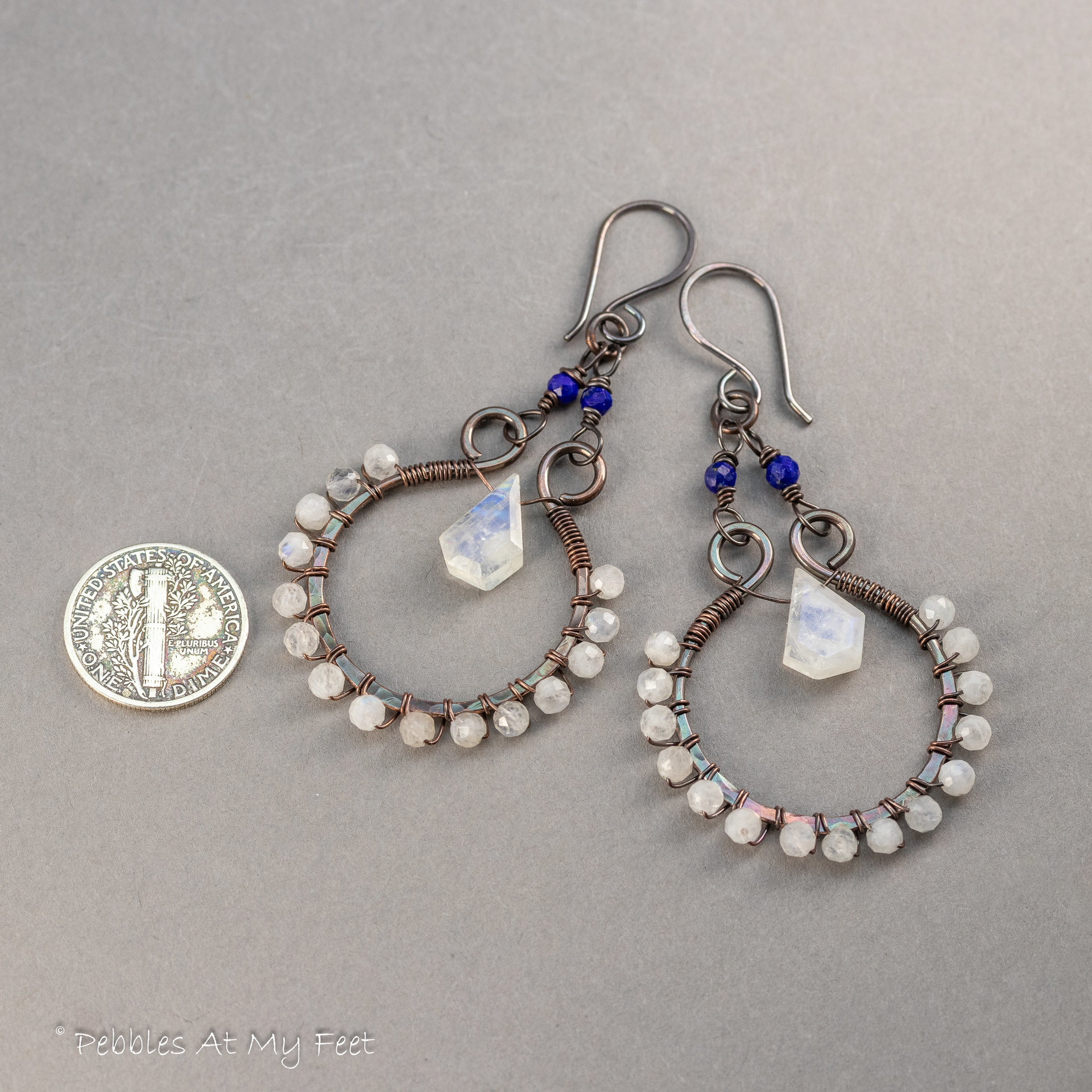 Moonstone Antiqued Patina Copper Hoop Dangle Earrings