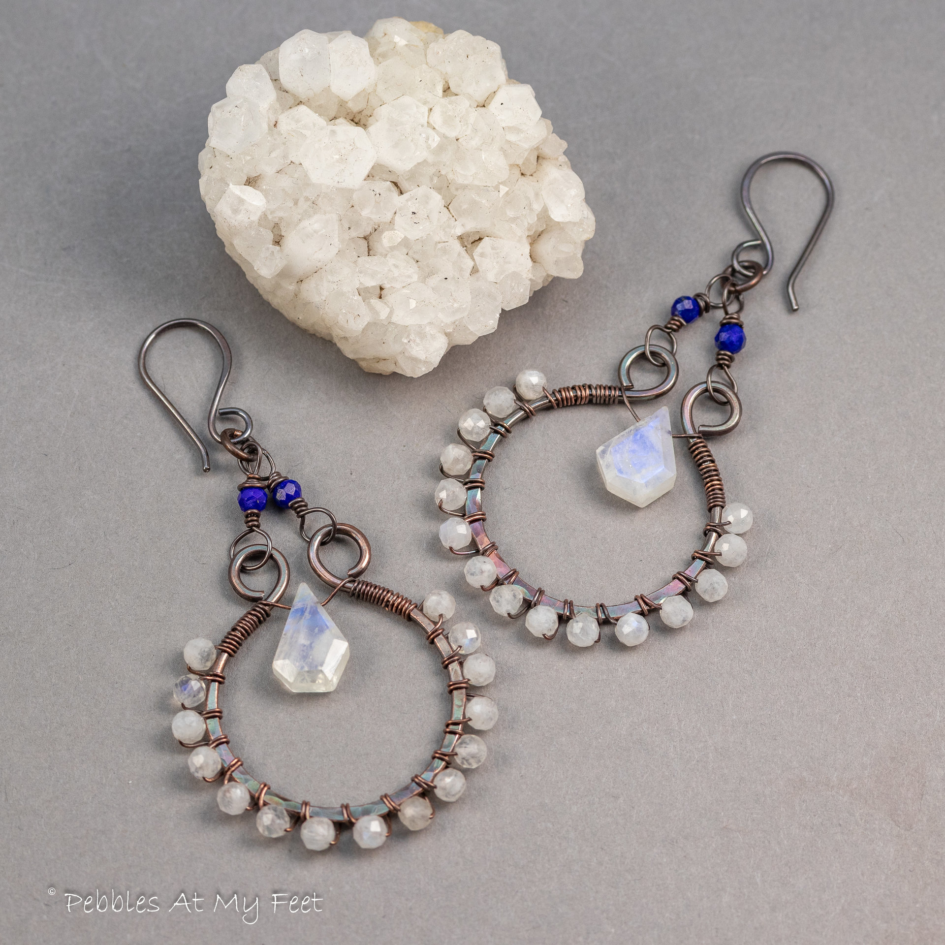 Moonstone Antiqued Patina Copper Hoop Dangle Earrings