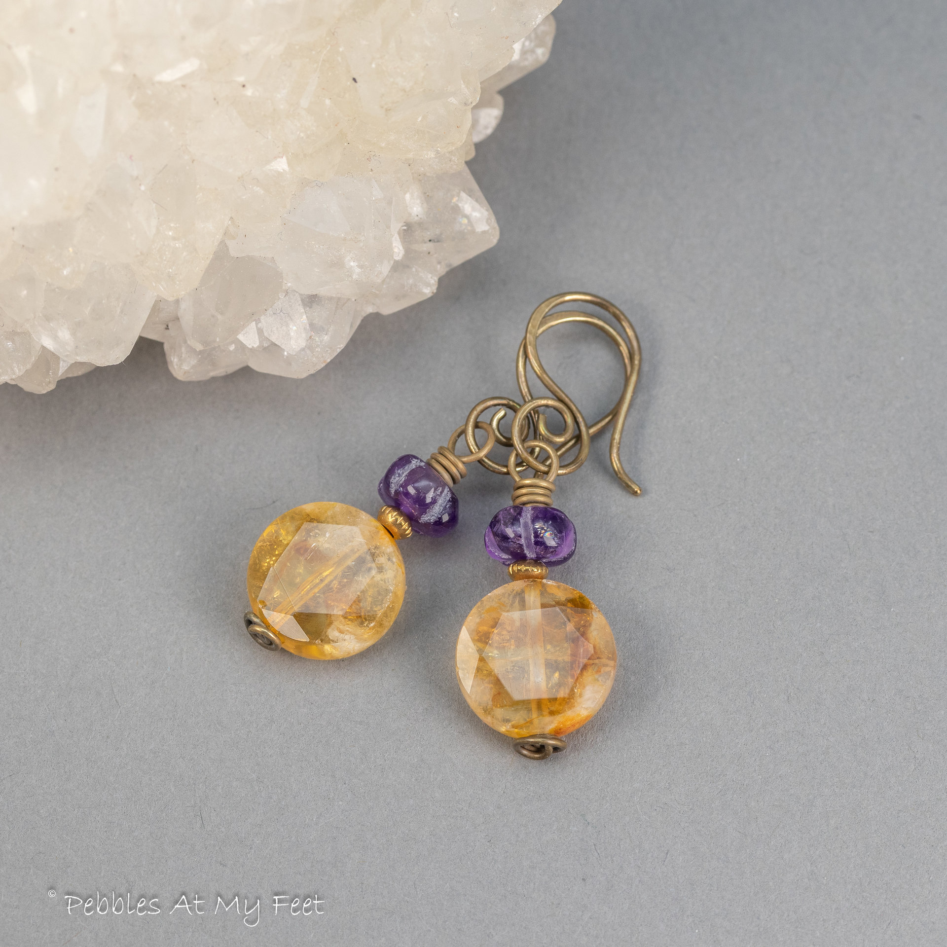 Amethyst and Citrine Gemstone Beaded Earrings in Antiqued Brass