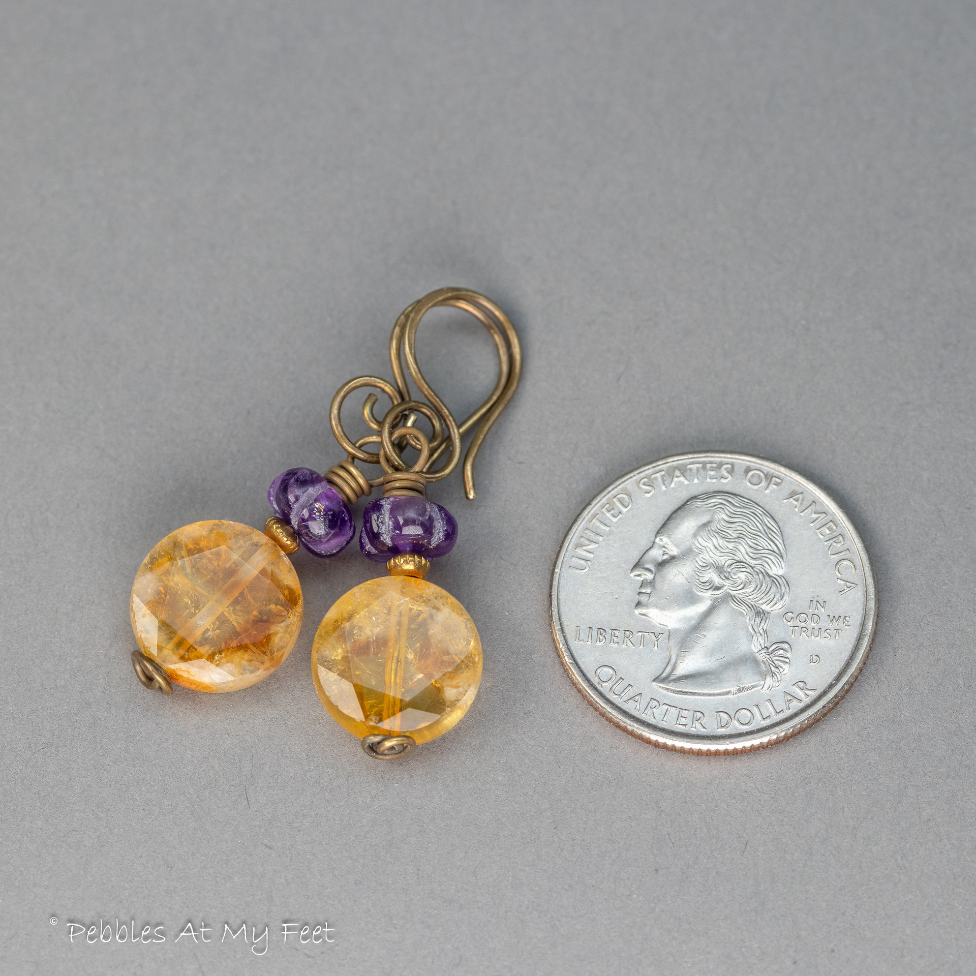 Amethyst and Citrine Gemstone Beaded Earrings in Antiqued Brass