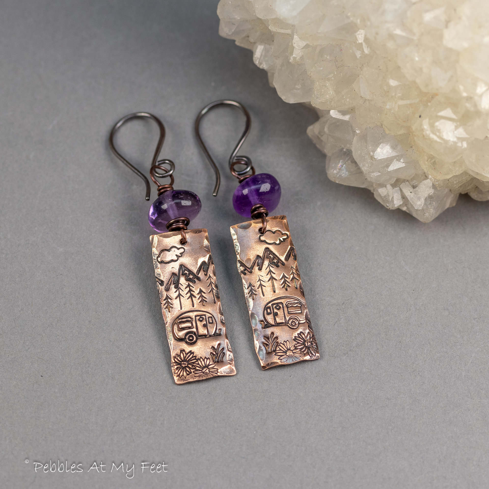 Camping Nature Scene Stamped Copper Charm Earrings
