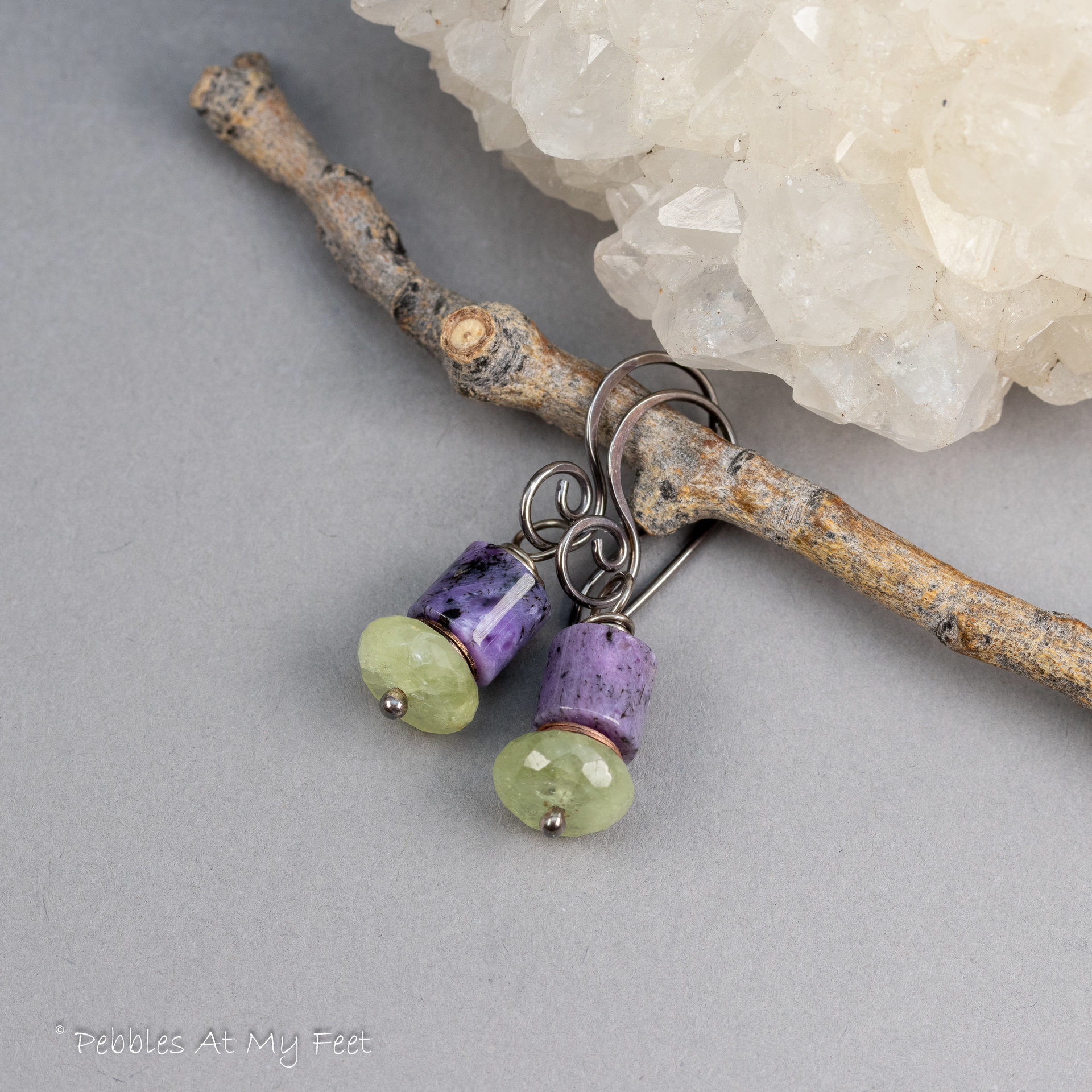 Charoite and Green Garnet Beaded Drop Earrings in Sterling Silver