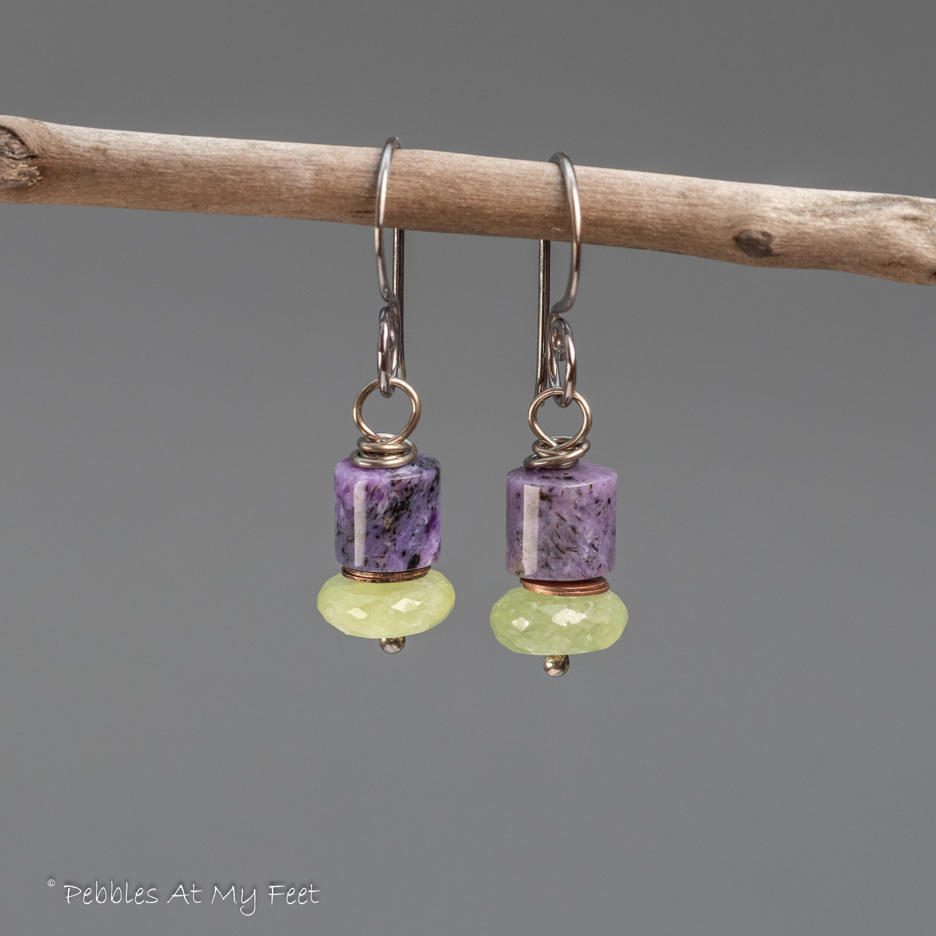 Charoite and Green Garnet Beaded Drop Earrings in Sterling Silver