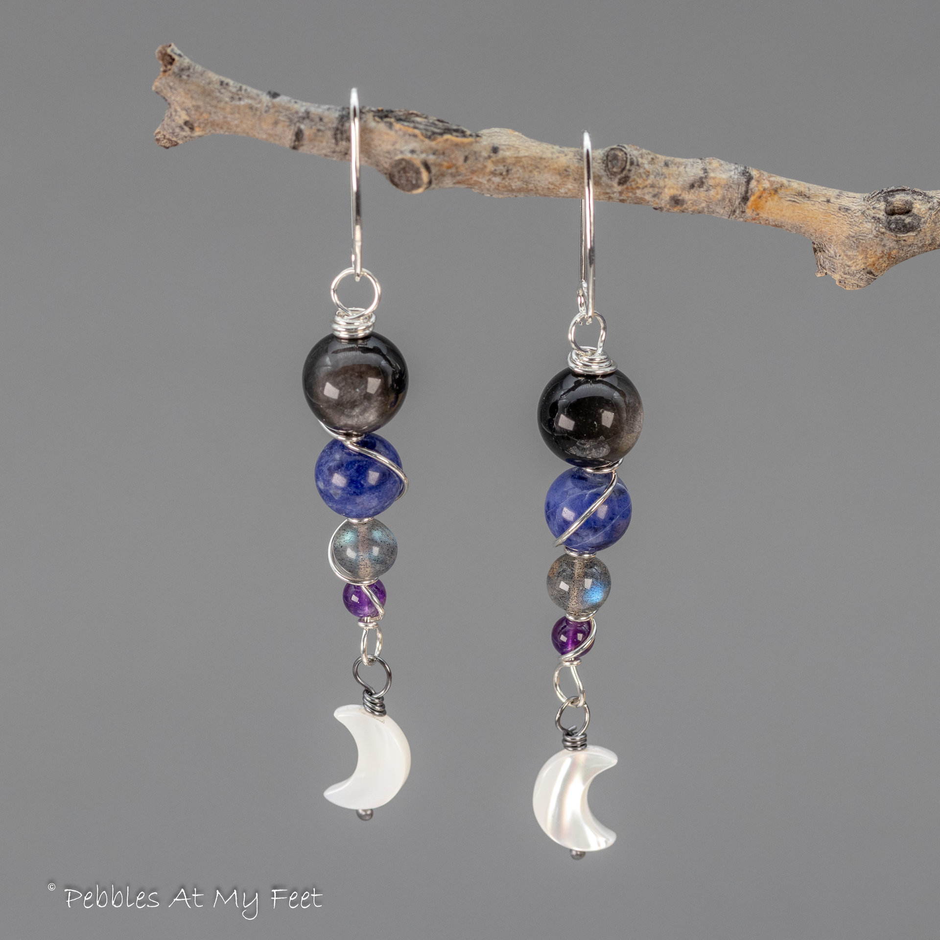 Crescent Moon Dangle Earrings with Night Sky Color Gemstones
