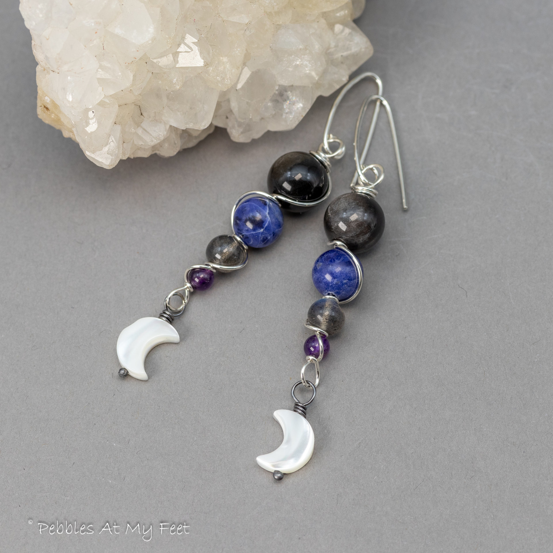 Crescent Moon Dangle Earrings with Night Sky Color Gemstones