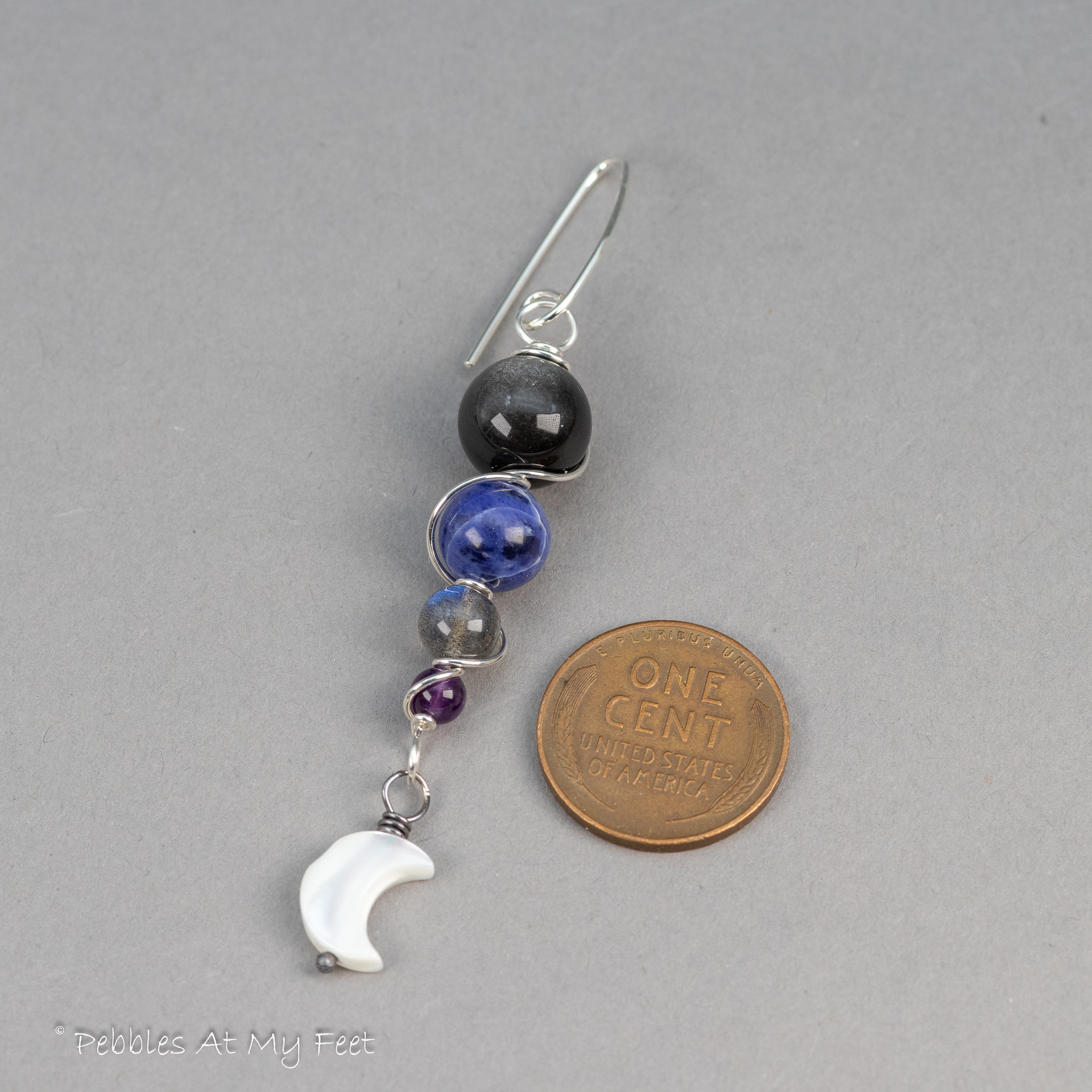 Crescent Moon Dangle Earrings with Night Sky Color Gemstones