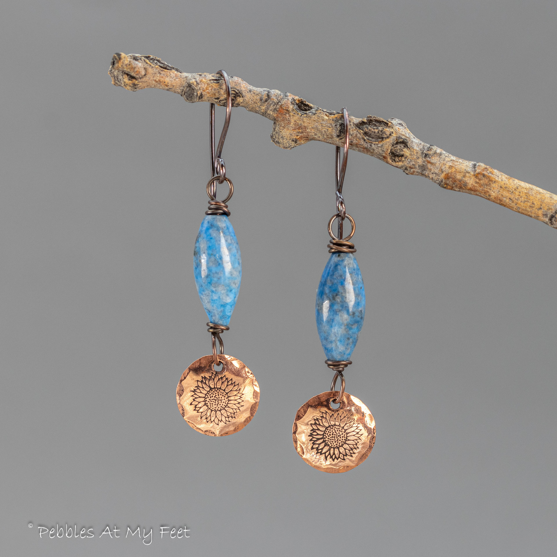 Blue Stone Dangle Earrings with Handcrafted Copper Sunflower Charms