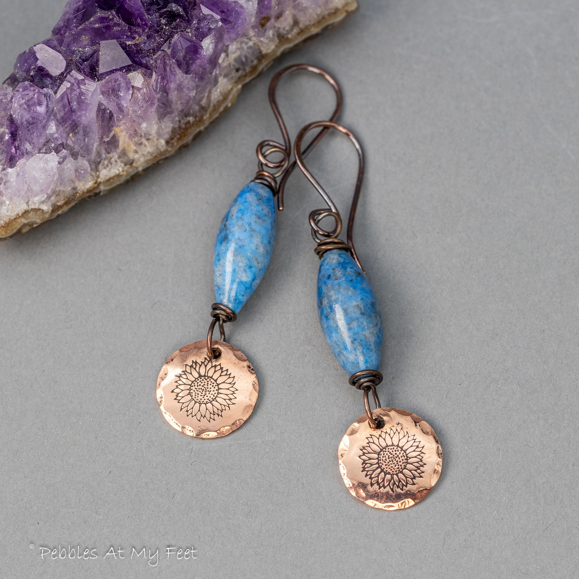 Blue Stone Dangle Earrings with Handcrafted Copper Sunflower Charms