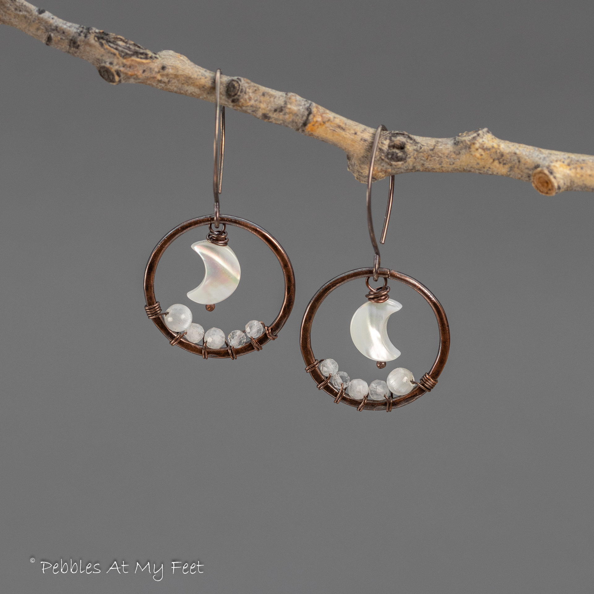 Hand Forged Copper Hoop Dangle Earrings with Mother of Pearl Crescent Moons