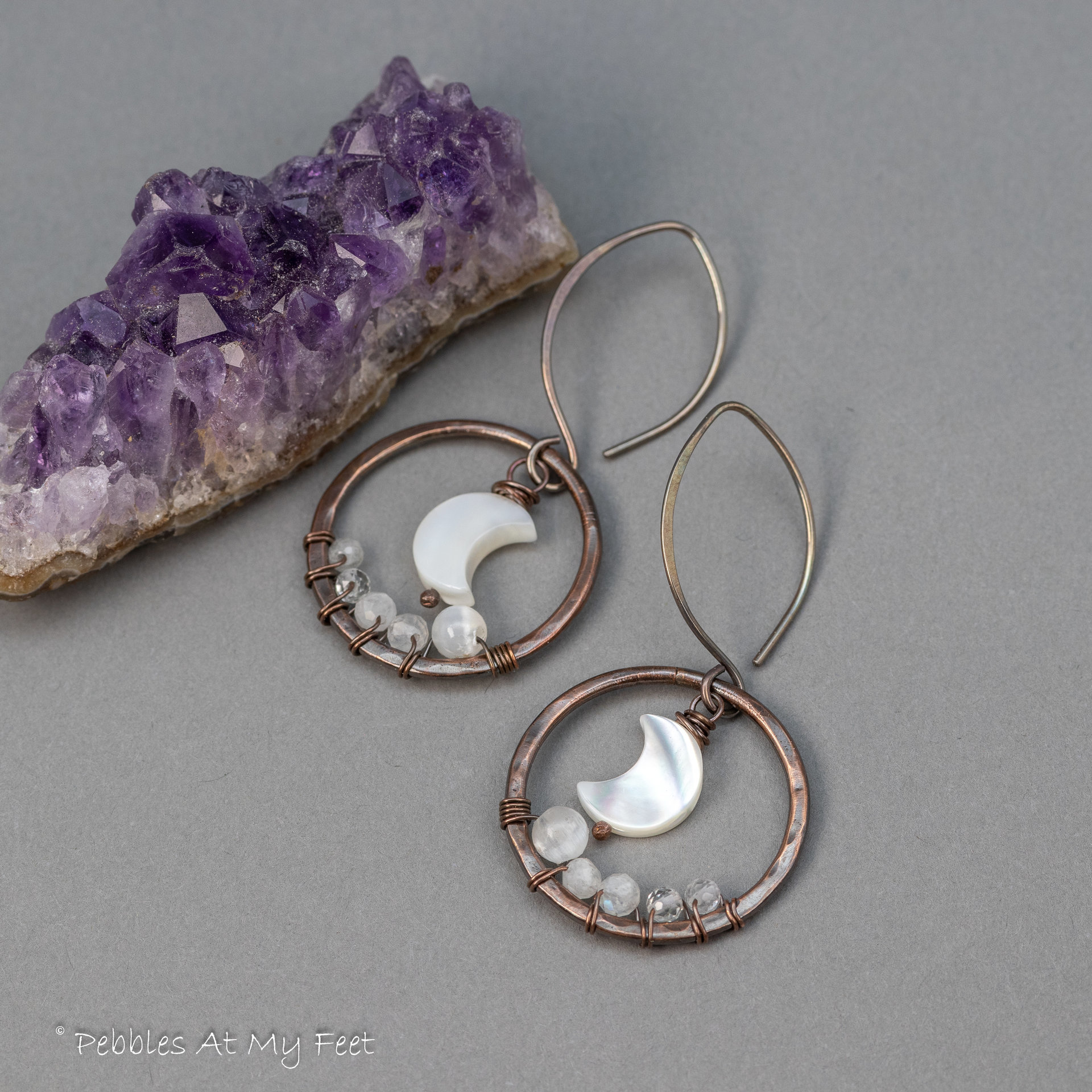 Hand Forged Copper Hoop Dangle Earrings with Mother of Pearl Crescent Moons