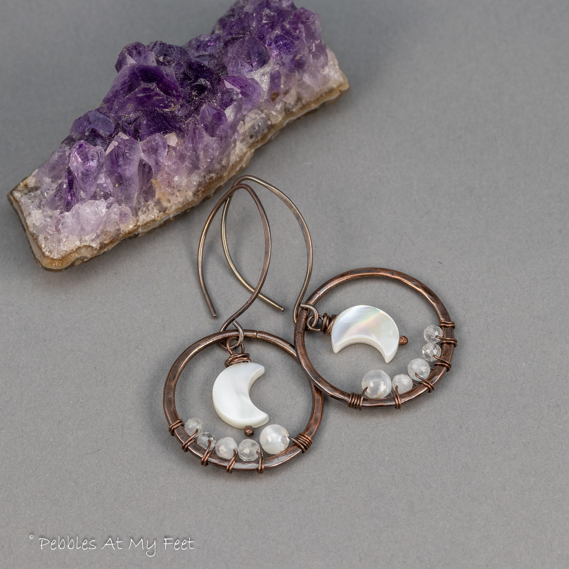 Hand Forged Copper Hoop Dangle Earrings with Mother of Pearl Crescent Moons