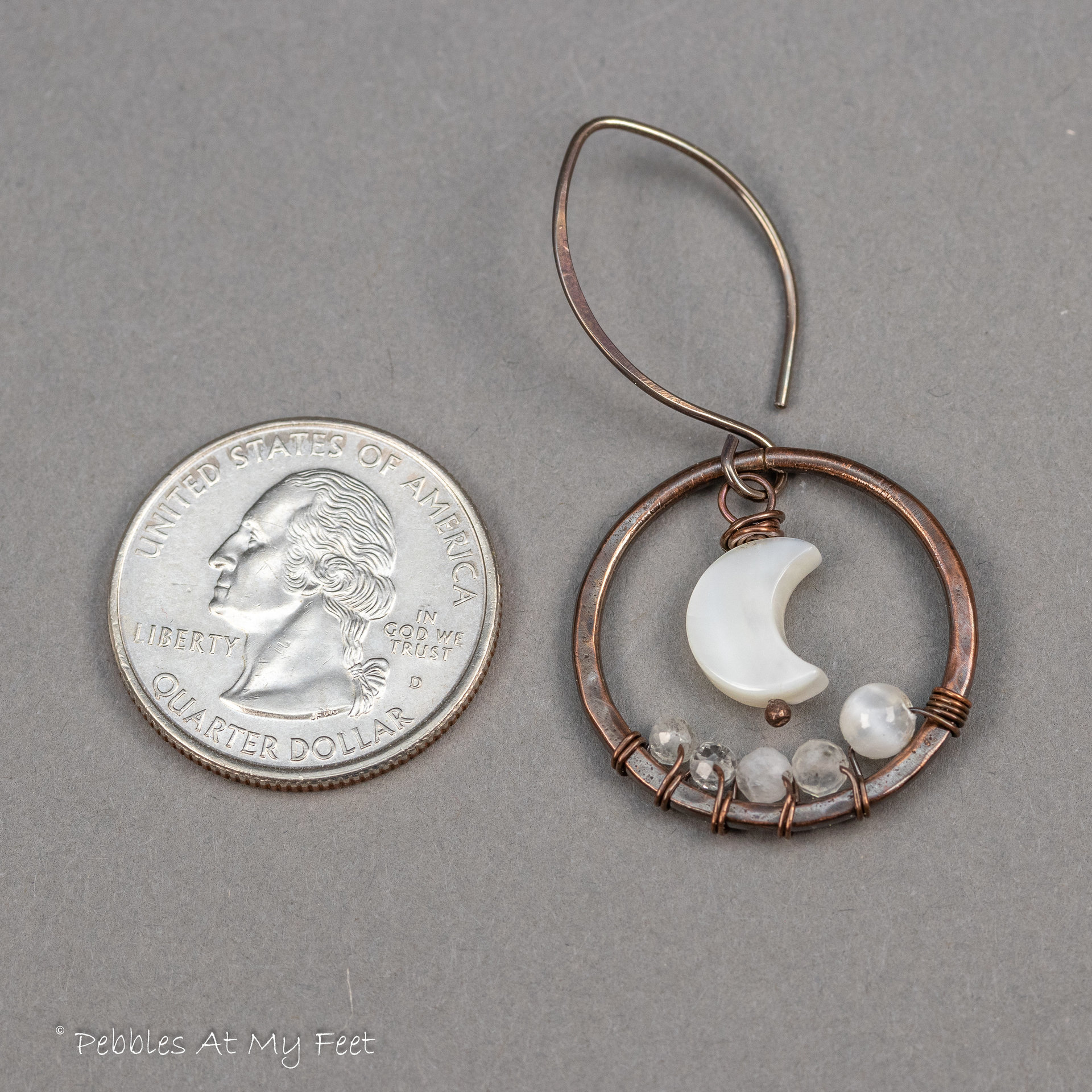 Hand Forged Copper Hoop Dangle Earrings with Mother of Pearl Crescent Moons