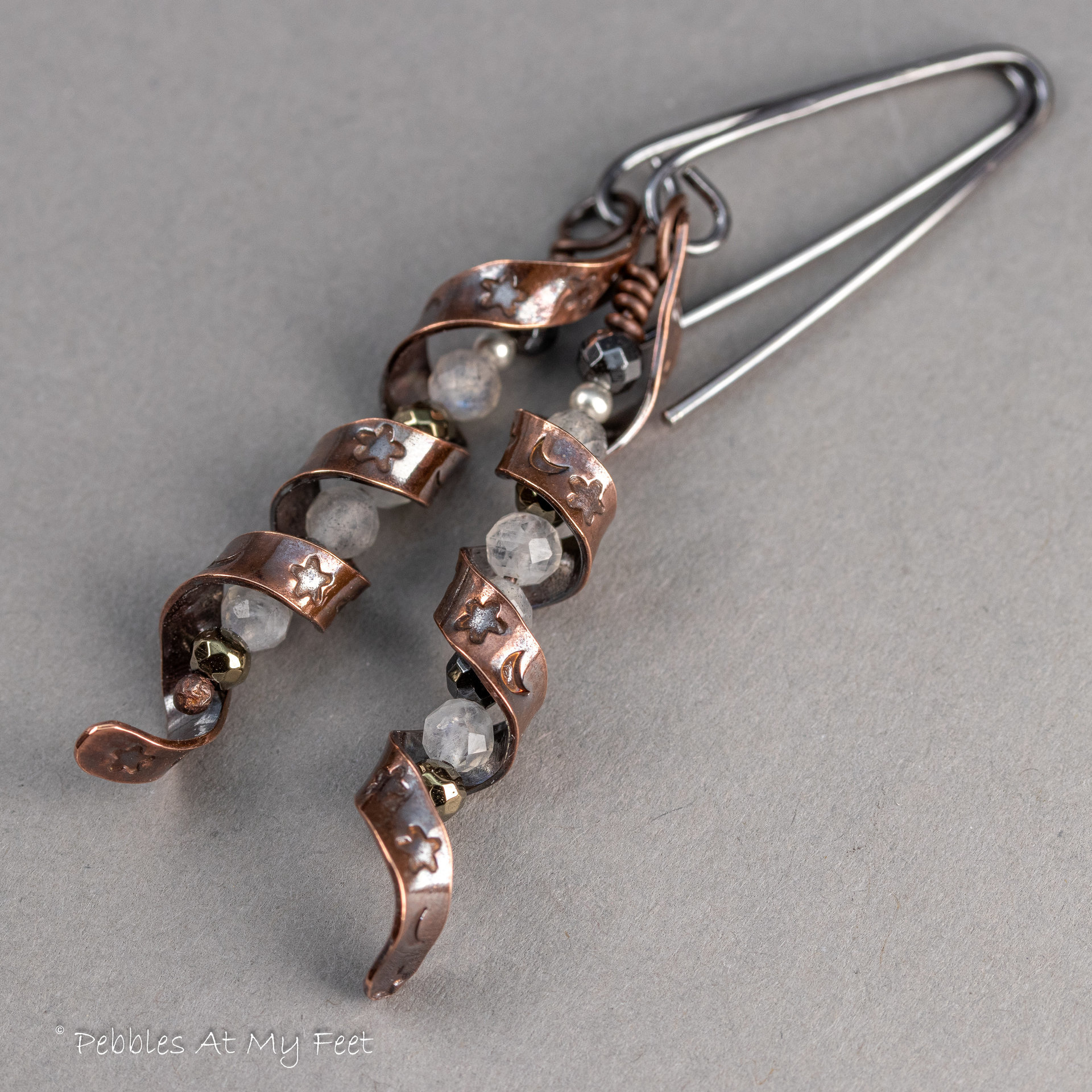 Coiled Copper Earrings with Labradorite, Pyrite, and Hematite Gemstones