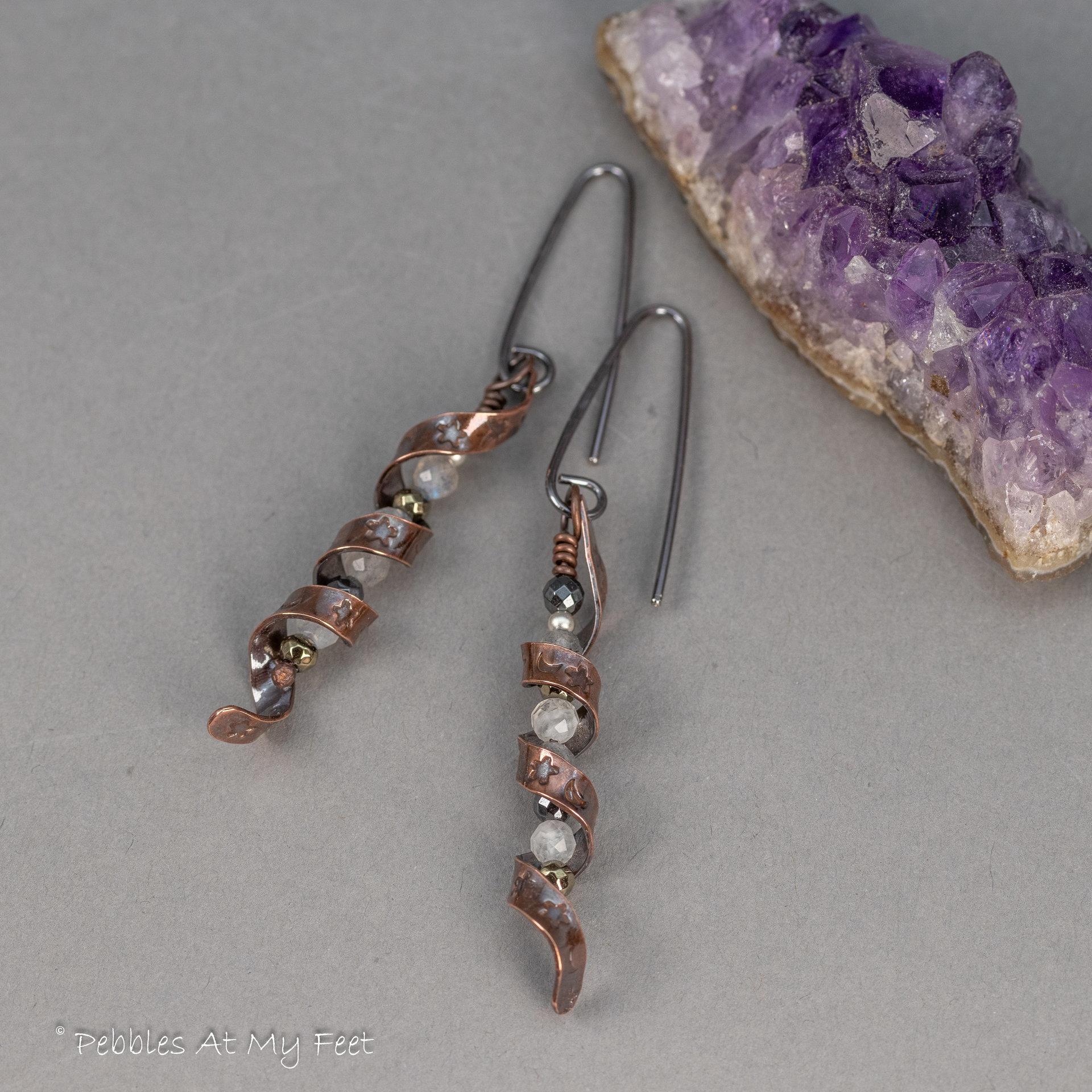 Coiled Copper Earrings with Labradorite, Pyrite, and Hematite Gemstones