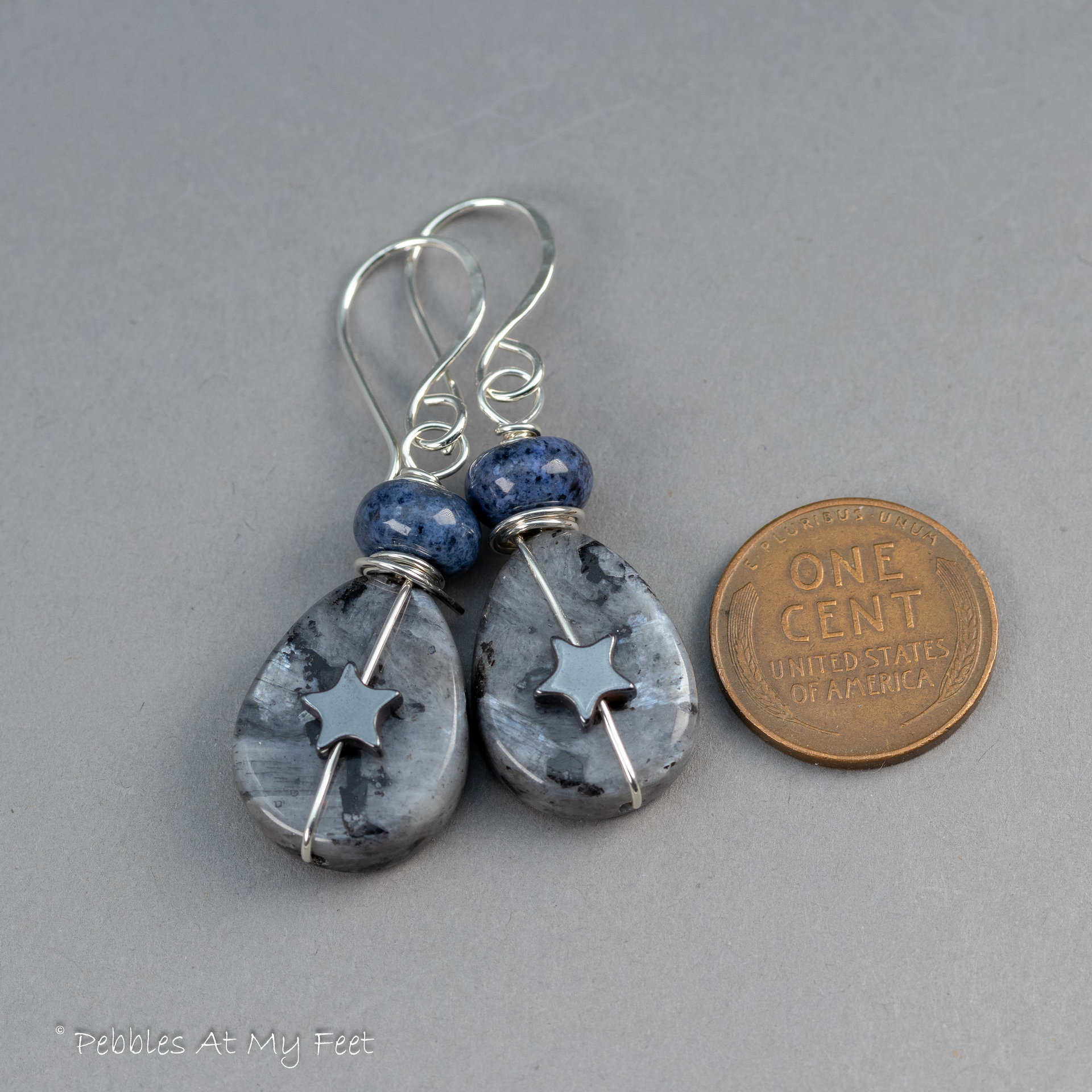 Larvikite Celestial Earrings with Dumortierite and Hematite 