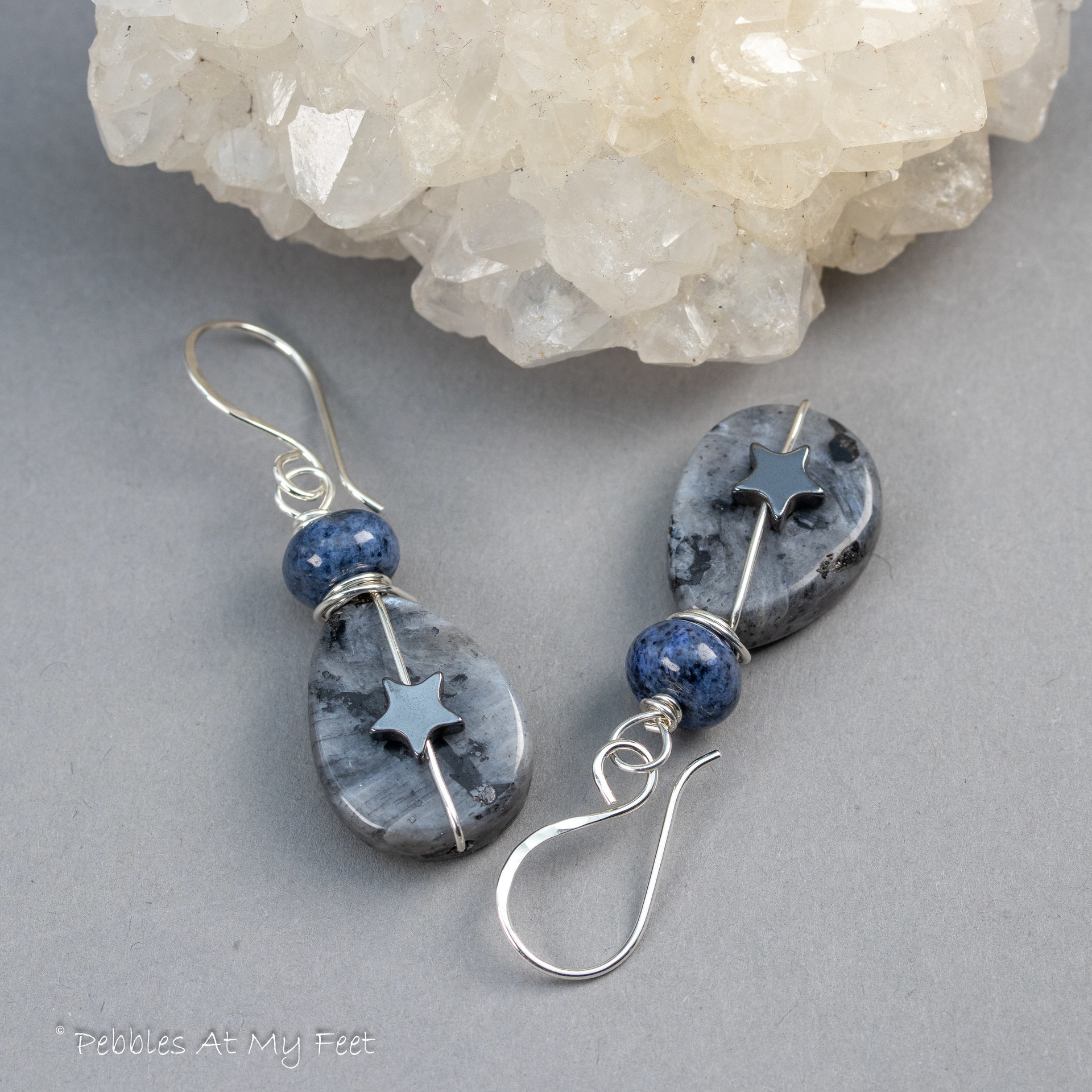 Larvikite Celestial Earrings with Dumortierite and Hematite 
