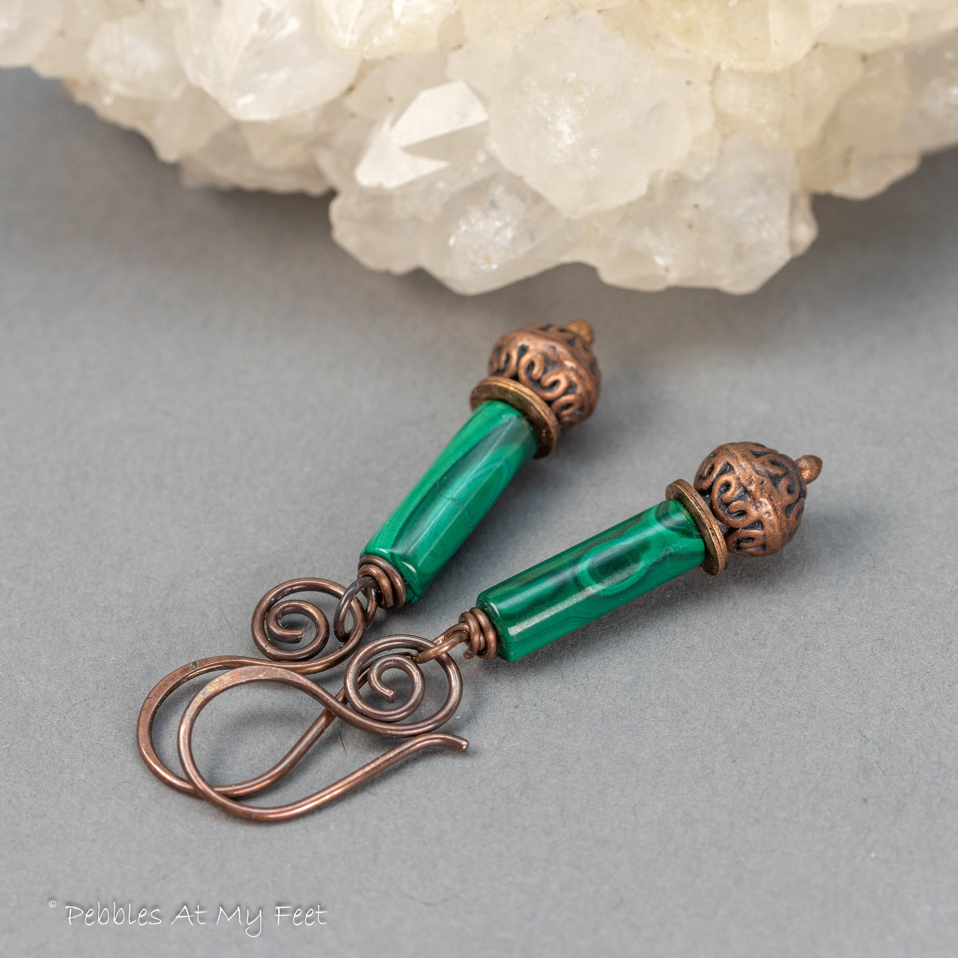 Malachite and Copper Beaded Drop Earrings
