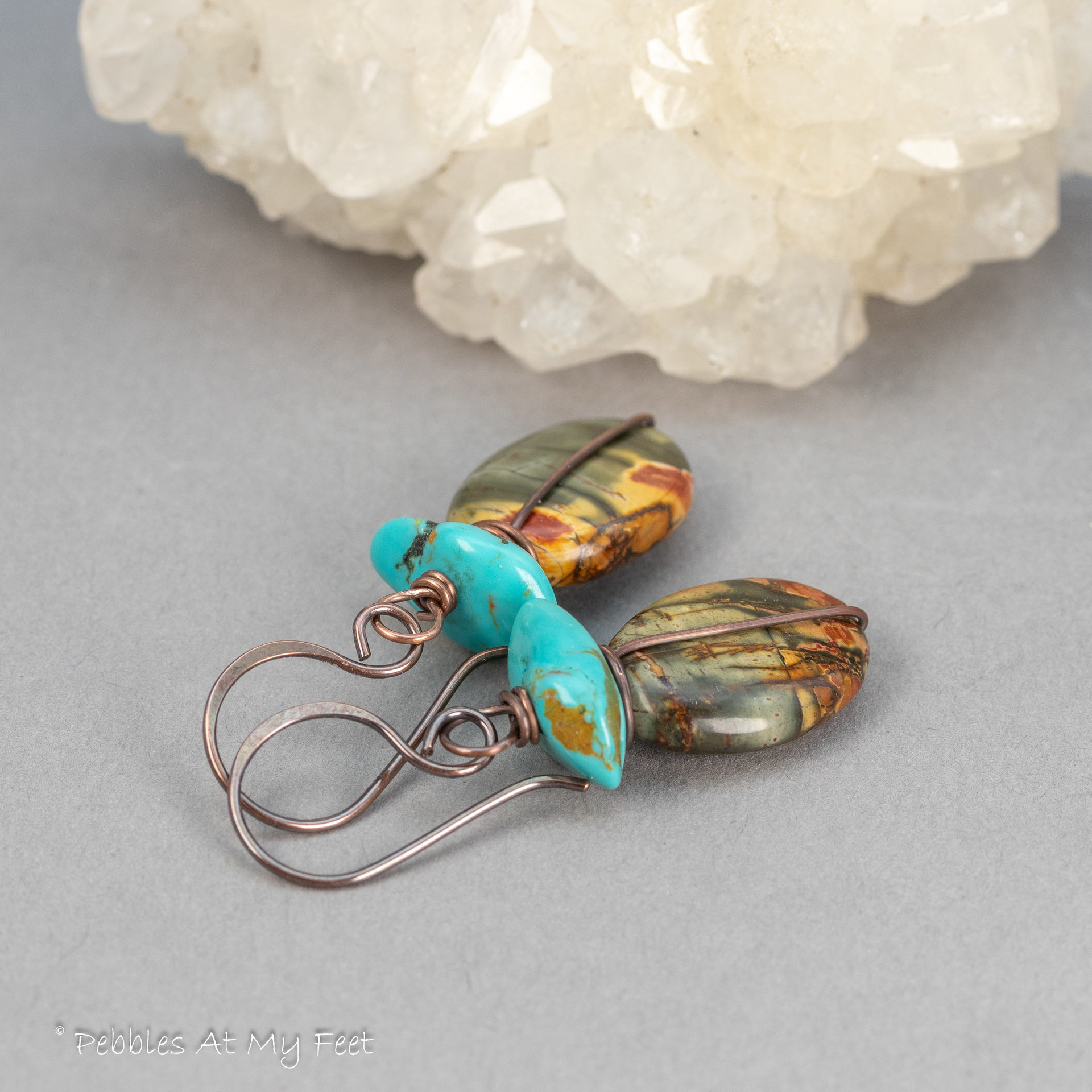 Copper Wired Earrings with Turquoise and Red Creek Jasper Stones