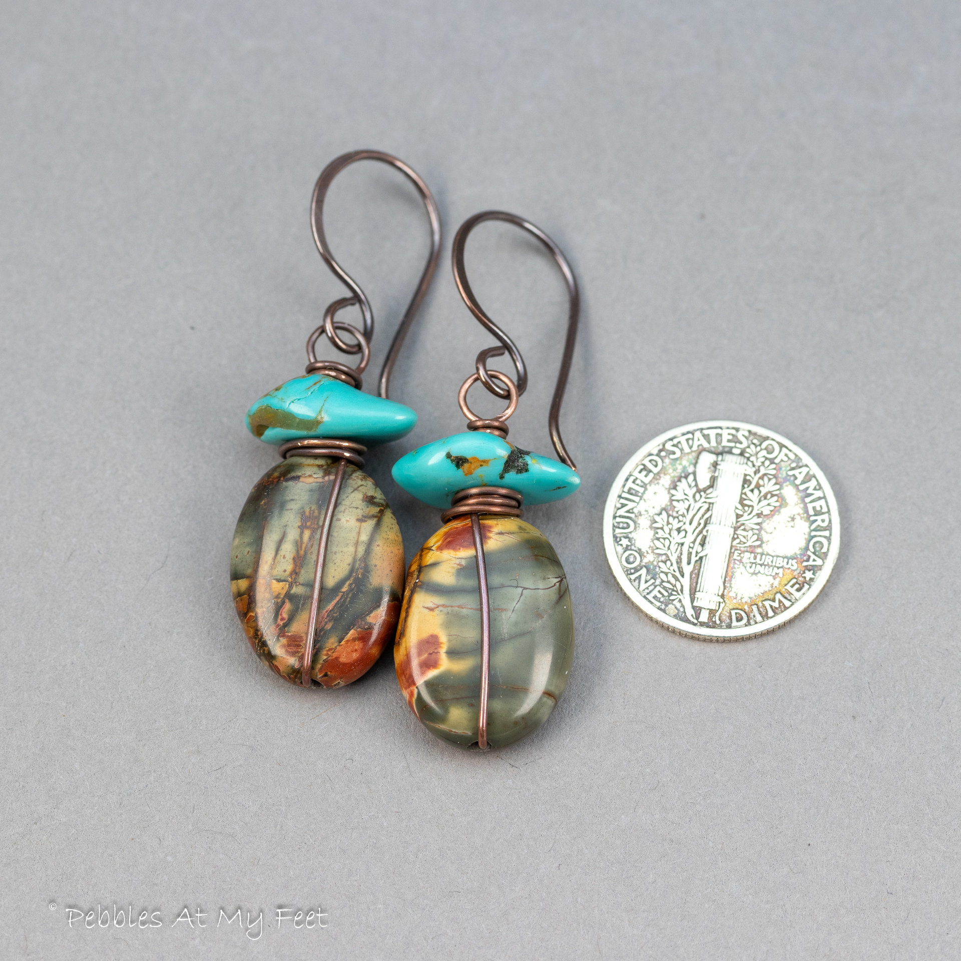 Copper Wired Earrings with Turquoise and Red Creek Jasper Stones