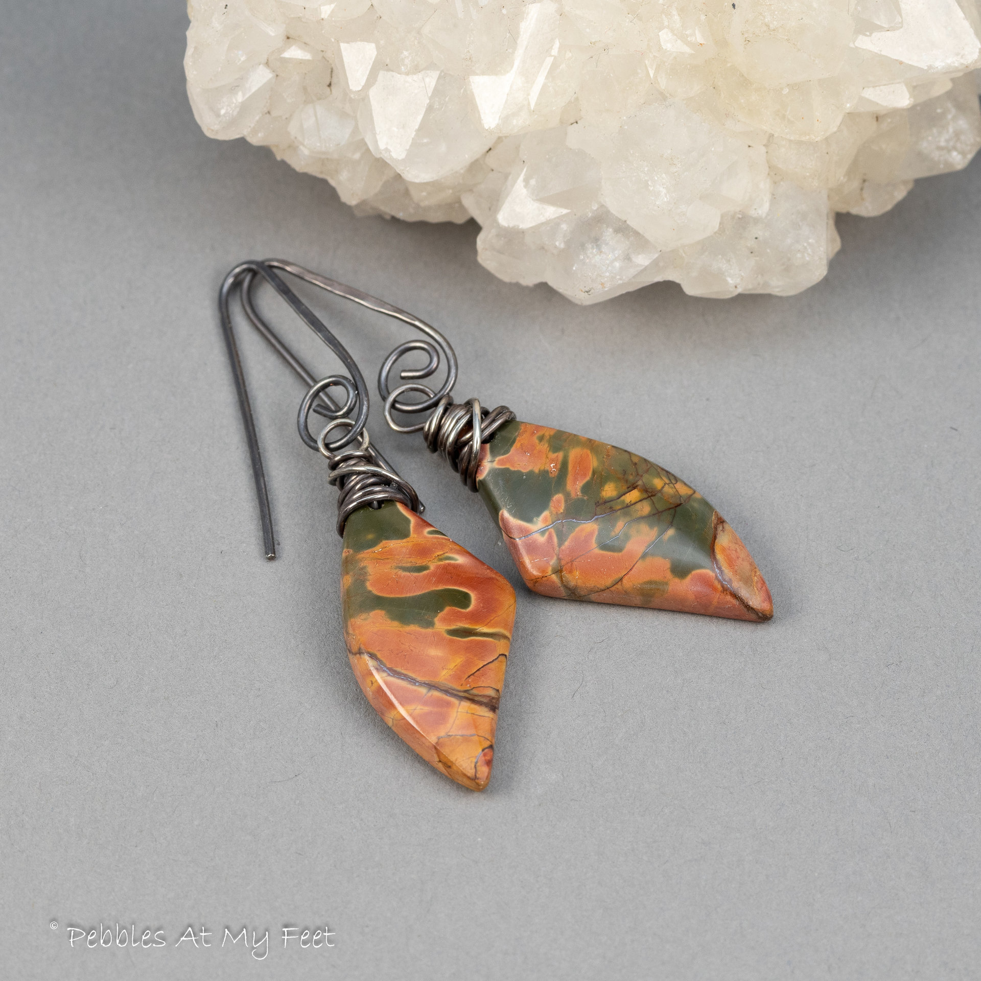 Red Creek Jasper Earrings Oxidized Sterling Silver, Gray and Red Stone Earrings