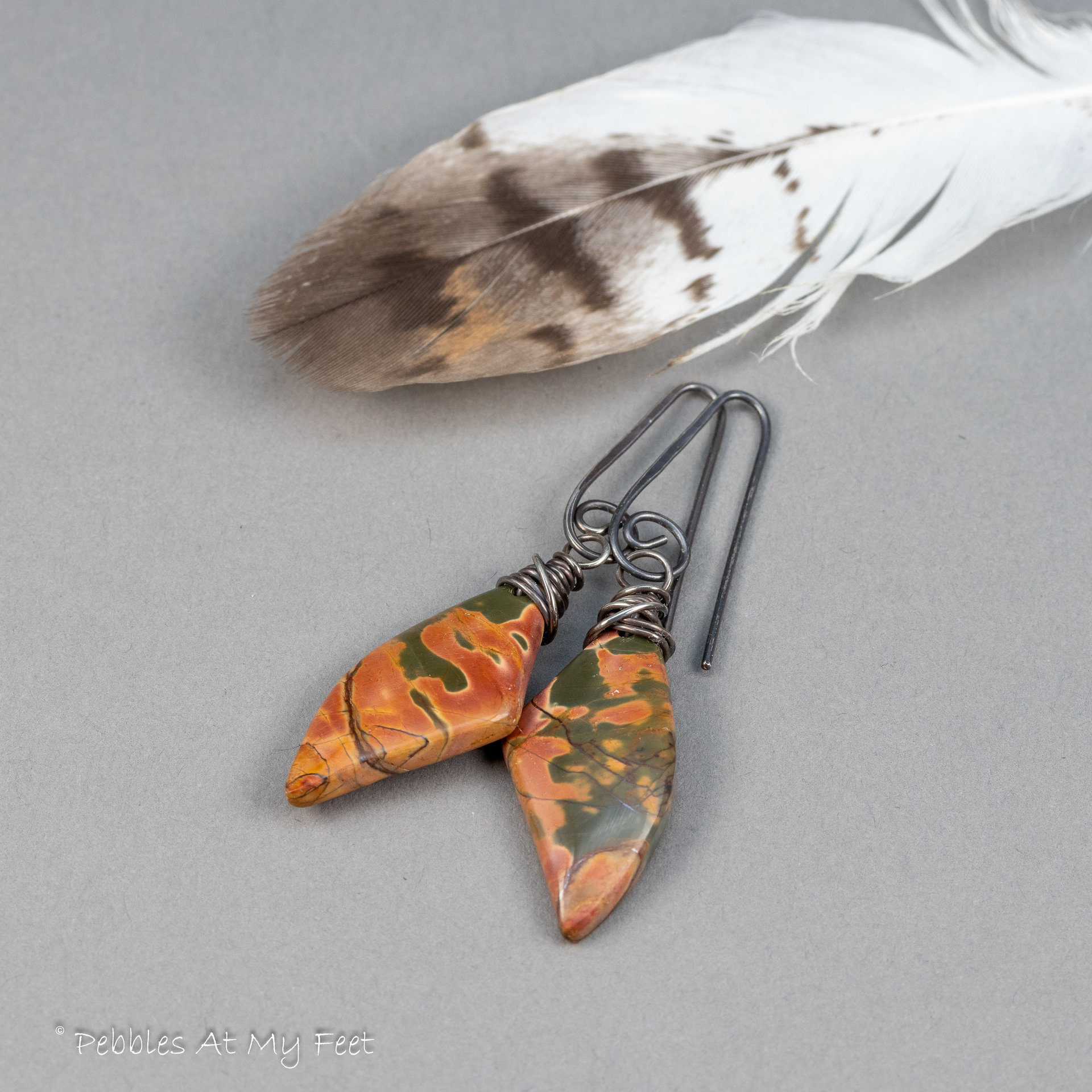 Red Creek Jasper Earrings Oxidized Sterling Silver, Gray and Red Stone Earrings