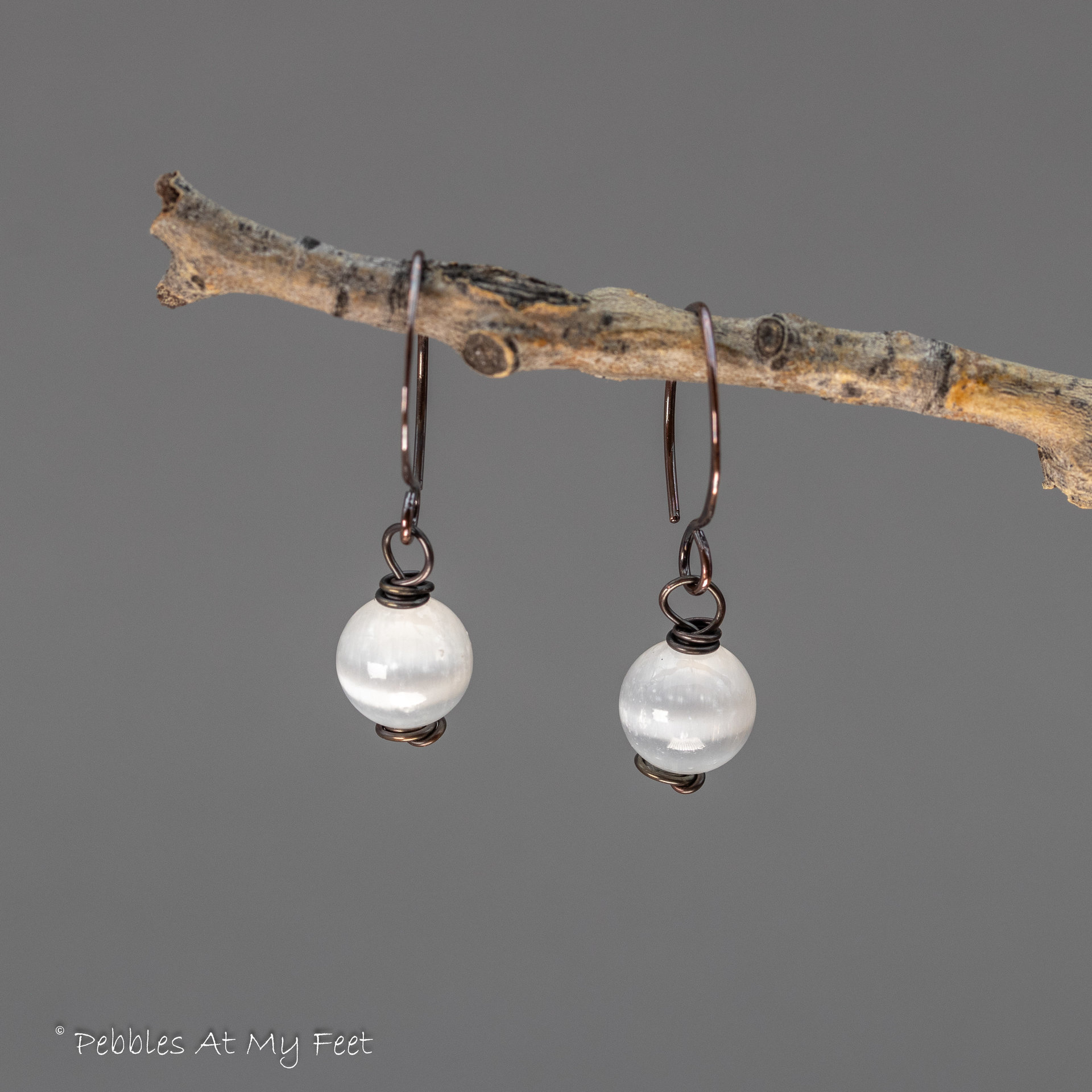 Selenite Simple Drop Earrings Handmade in Copper
