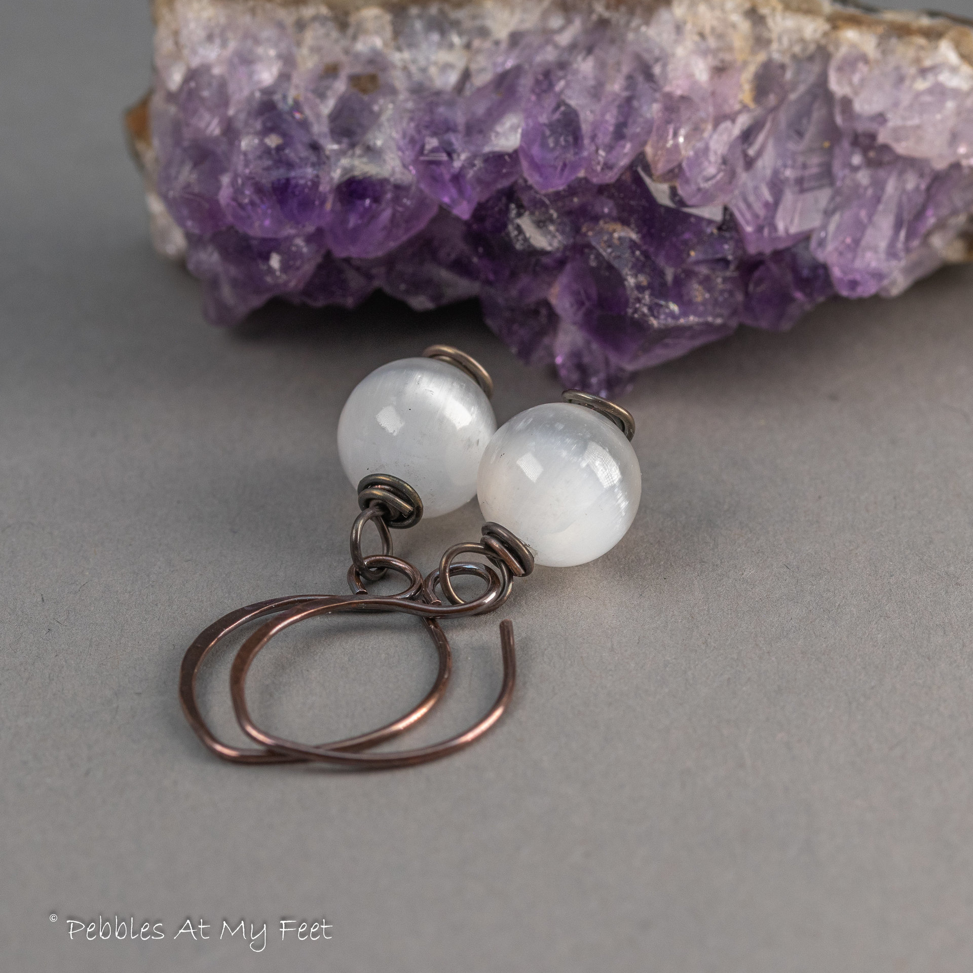 Selenite Simple Drop Earrings Handmade in Copper