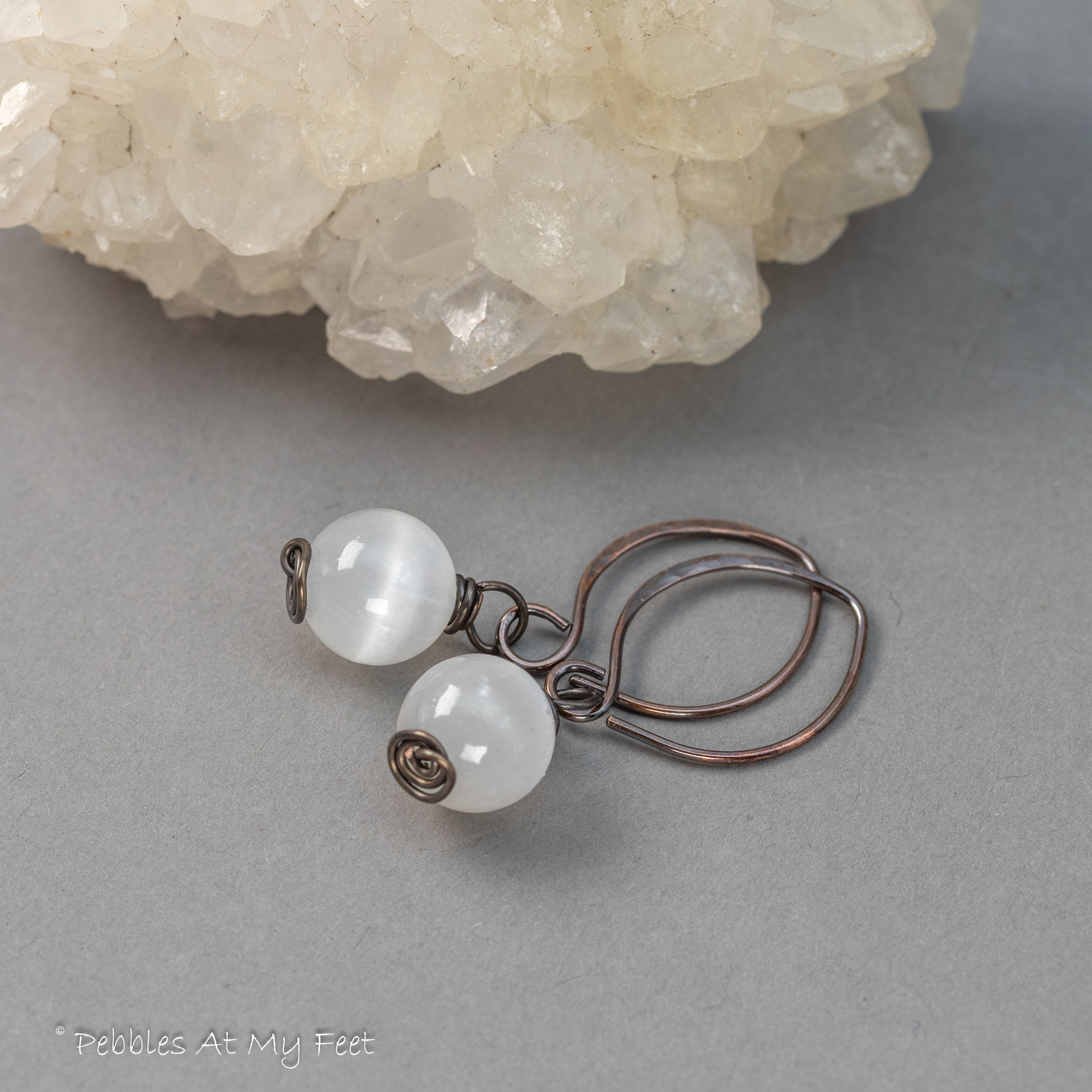 Selenite Simple Drop Earrings Handmade in Copper