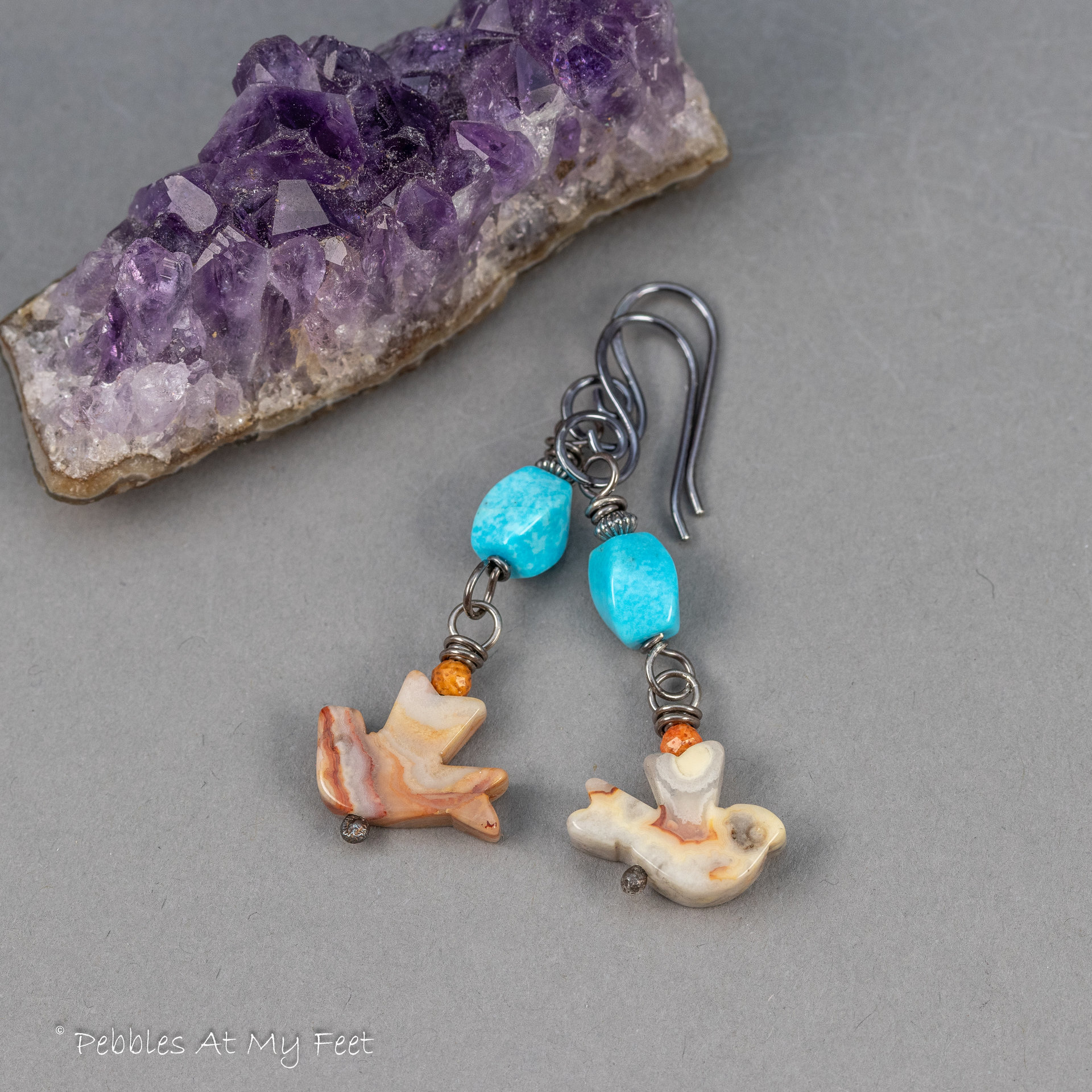 Turquoise and Agate Bird Earrings, Colorful Southwest Style Earrings
