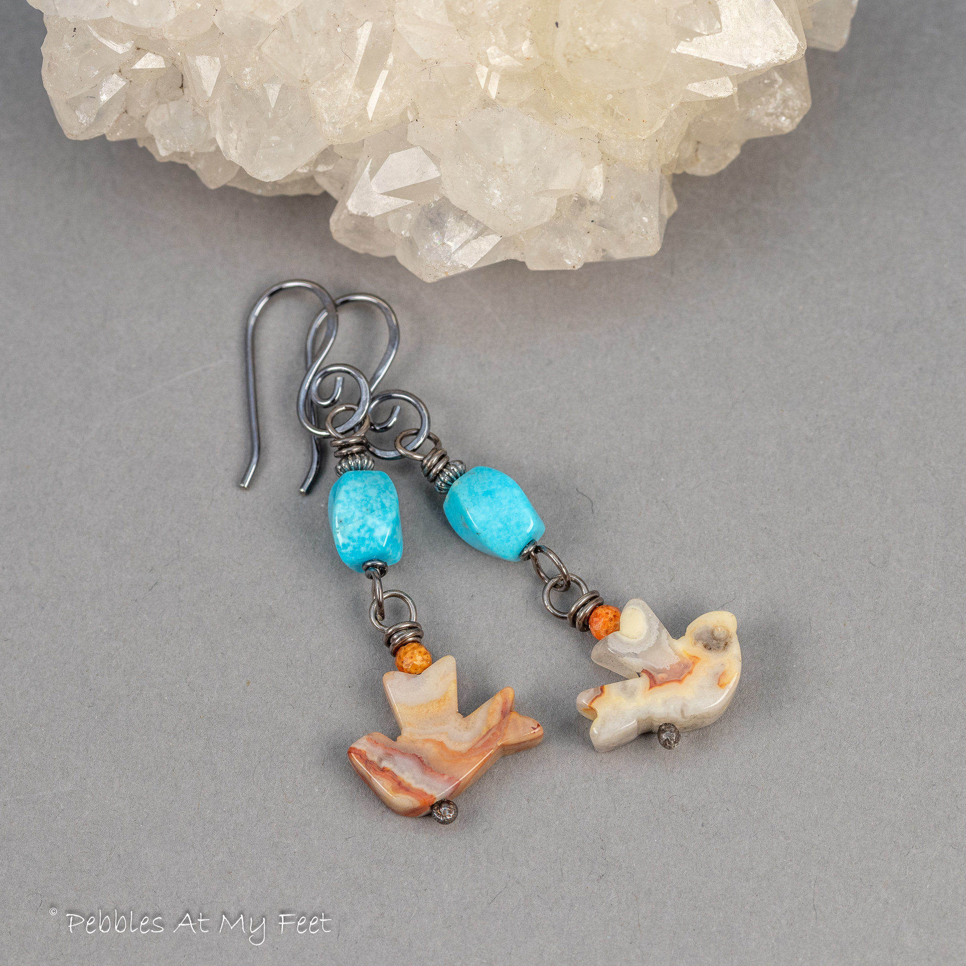 Turquoise and Agate Bird Earrings, Colorful Southwest Style Earrings