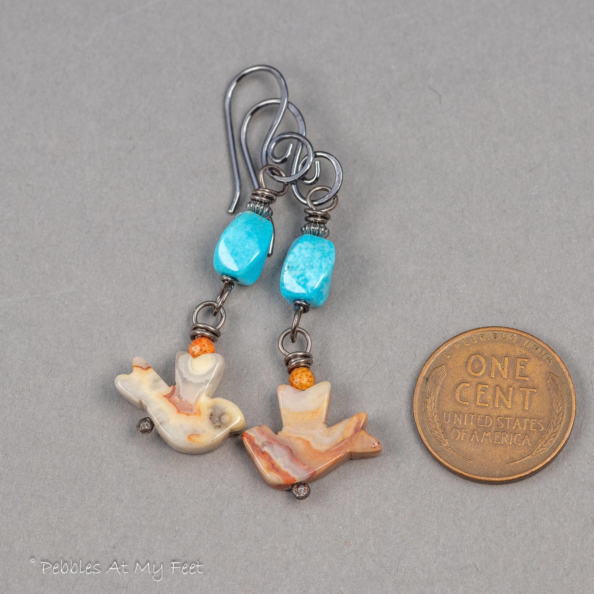 Turquoise and Agate Bird Earrings, Colorful Southwest Style Earrings