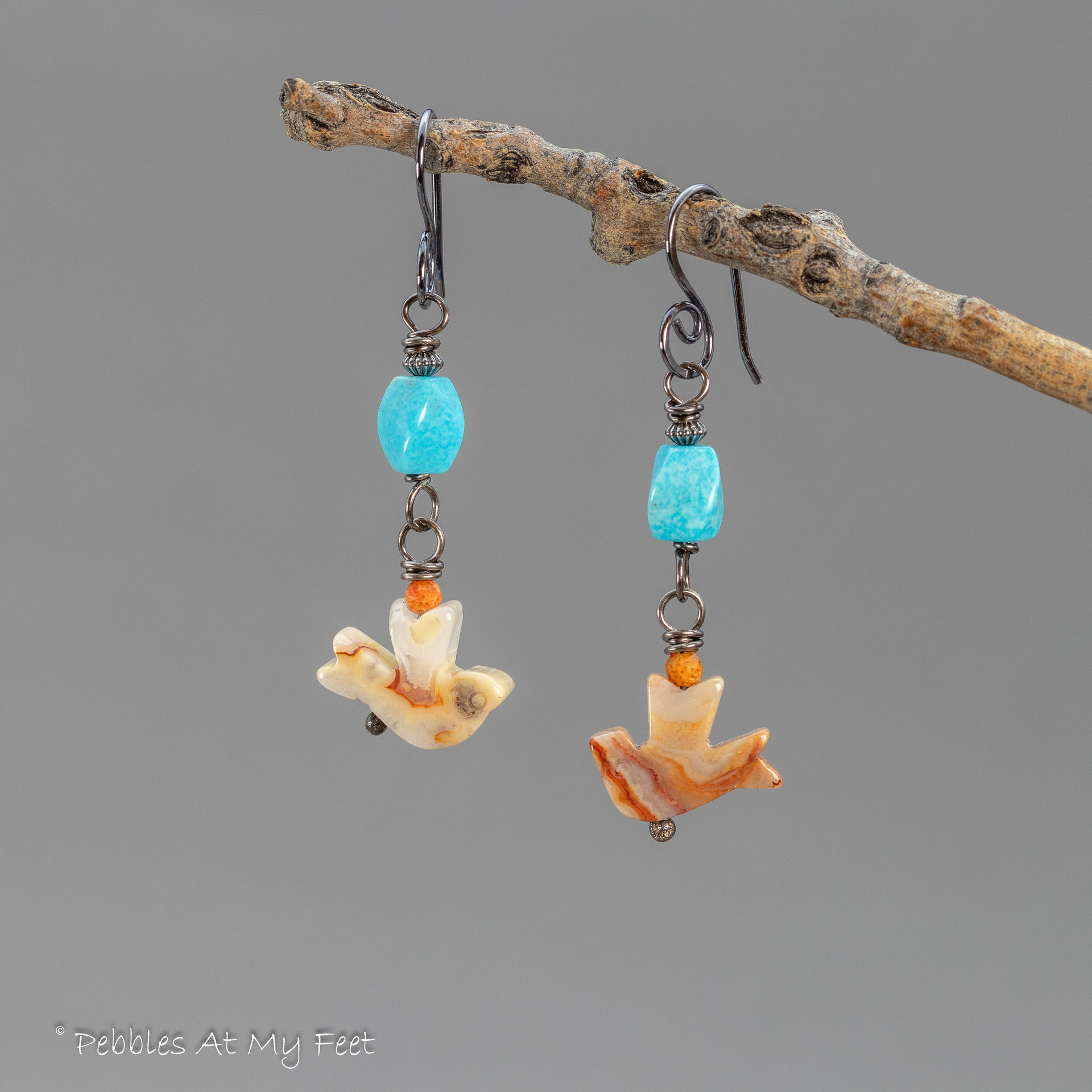 Turquoise and Agate Bird Earrings, Colorful Southwest Style Earrings