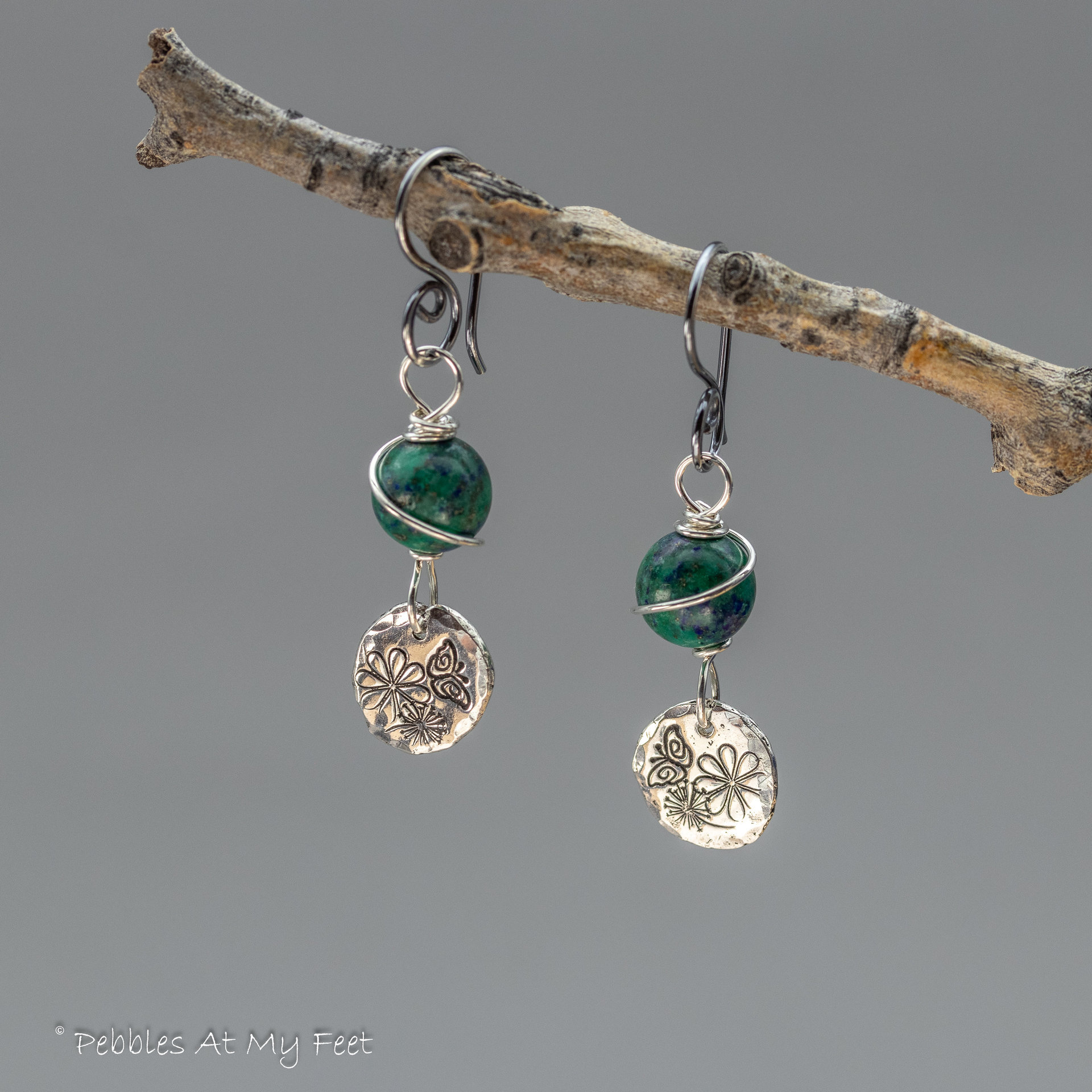 Sterling Silver Azurite Malachite Earrings with Handmade Reclaimed Silver Charms
