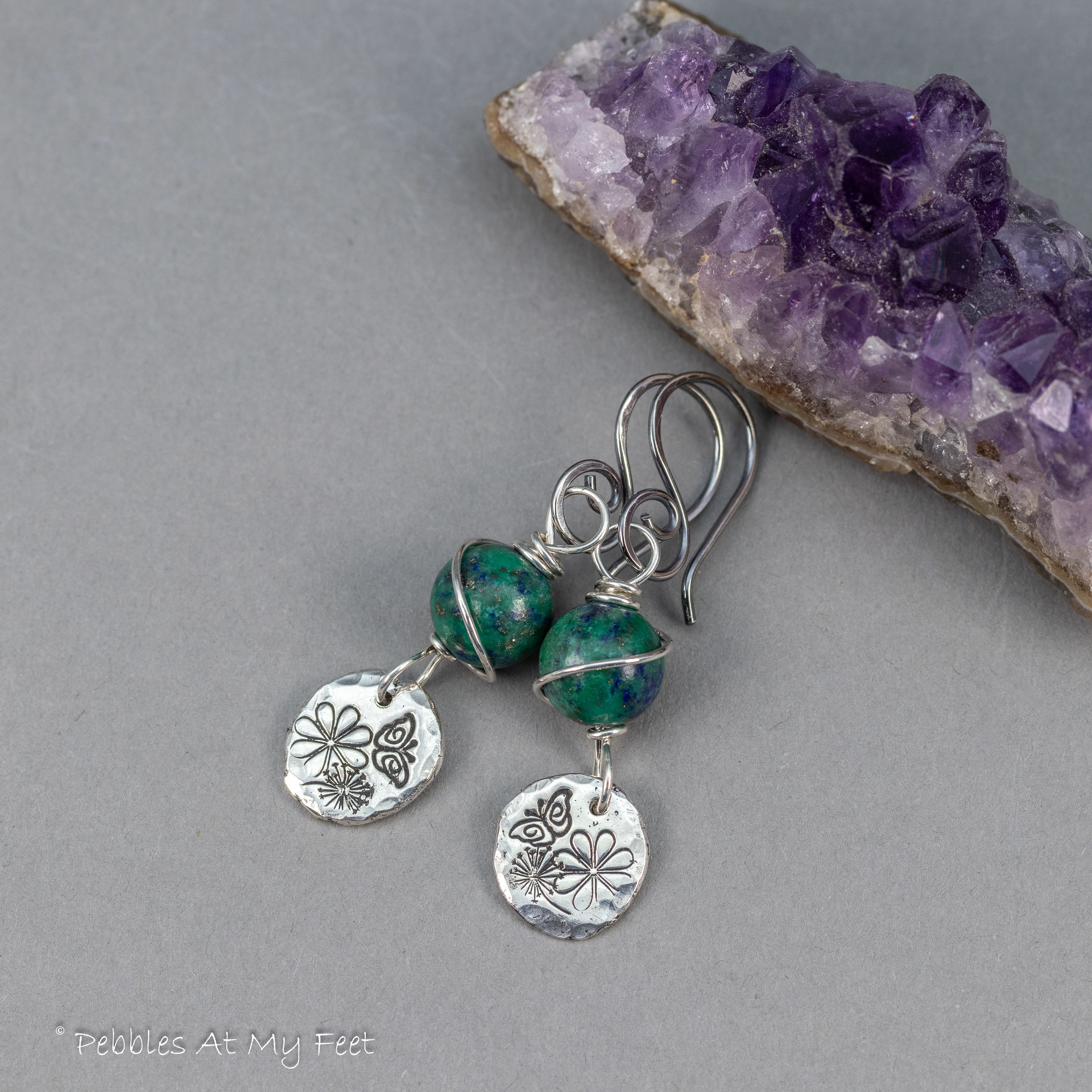 Sterling Silver Azurite Malachite Earrings with Handmade Reclaimed Silver Charms