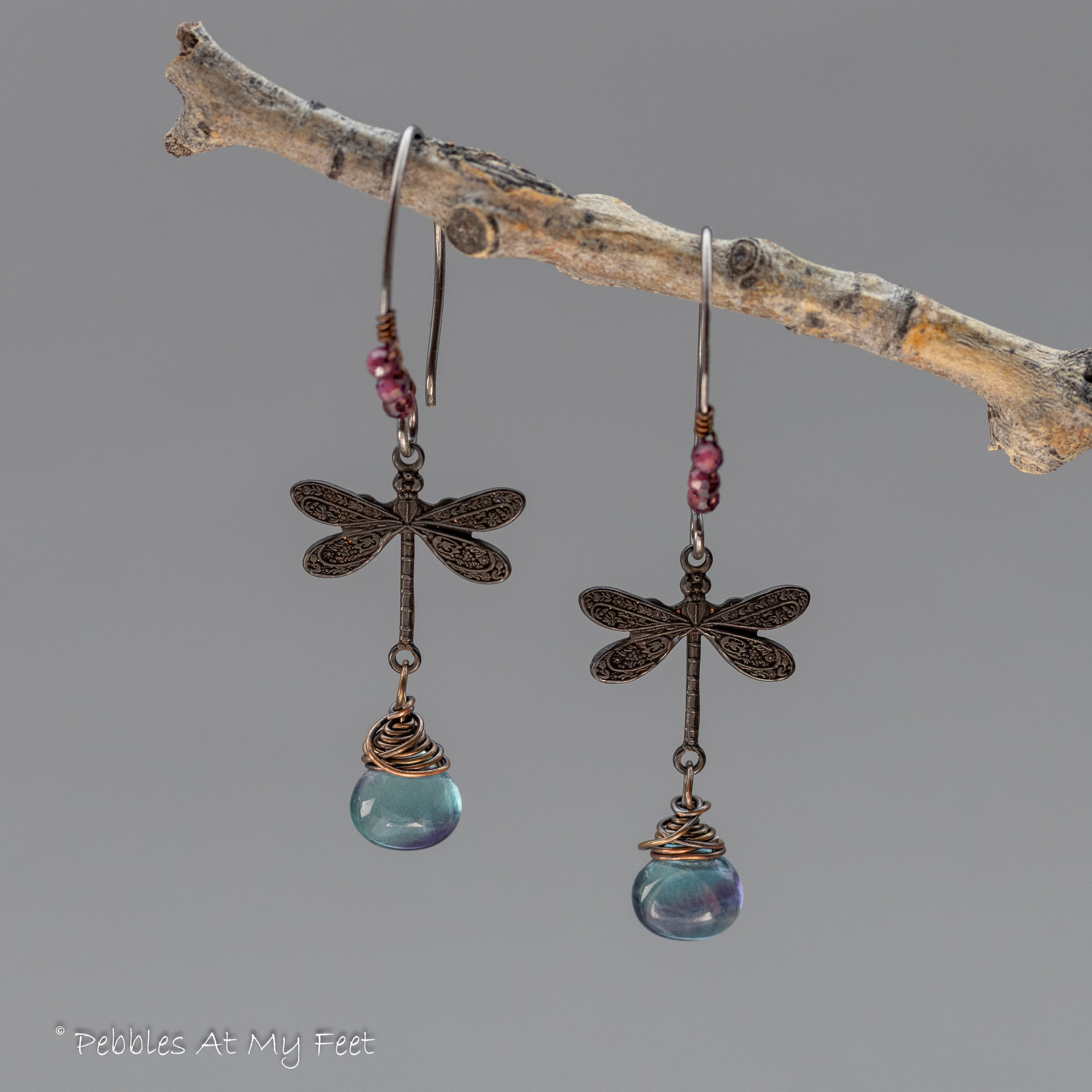 Mixed Metal Dragonfly Earrings with Garnet and Fluorite Gemstones