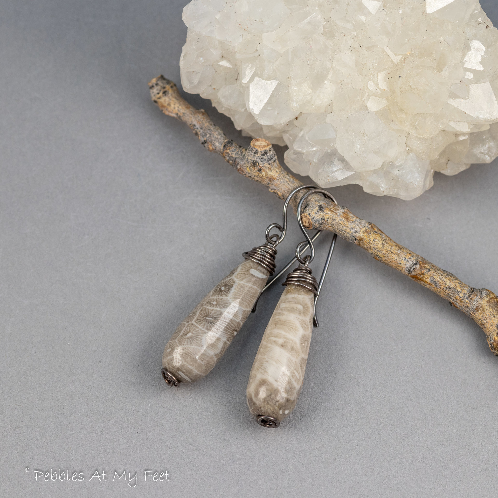 Taupe Stone Drop Earrings in Sterling Silver, Fossil Coral Agate Earrings