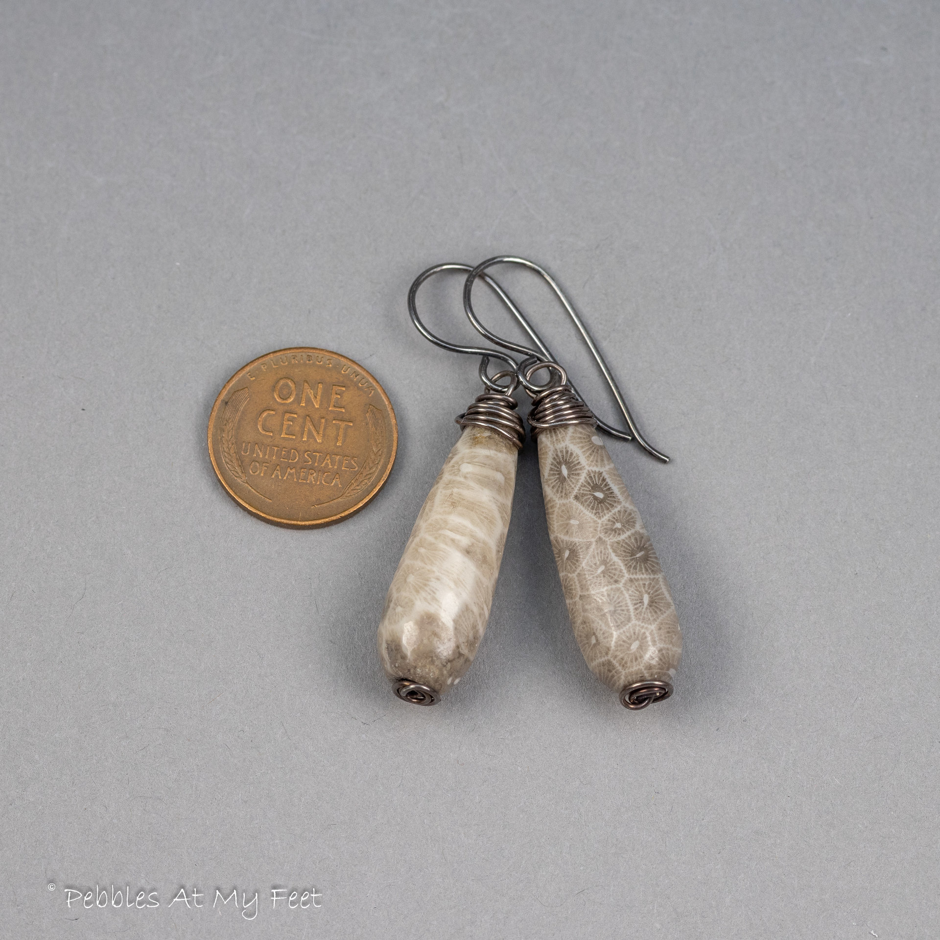 Taupe Stone Drop Earrings in Sterling Silver, Fossil Coral Agate Earrings