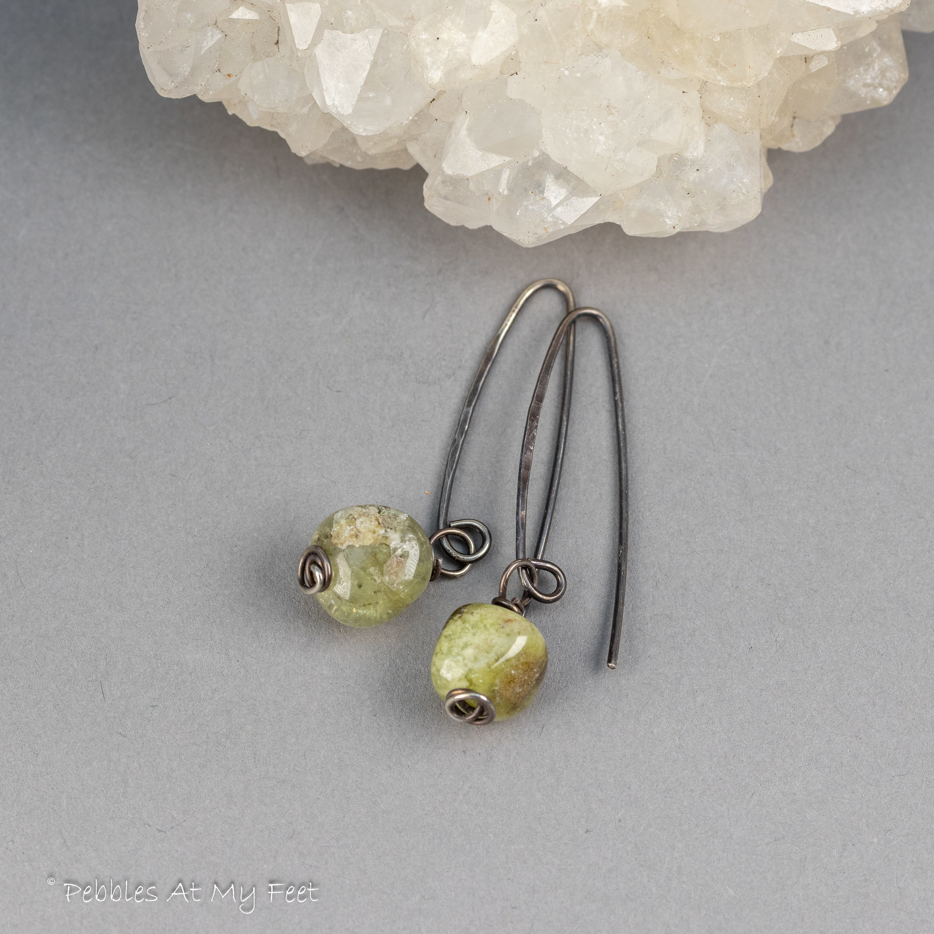 Rustic Green Garnet Pebble Earrings in Sterling Silver