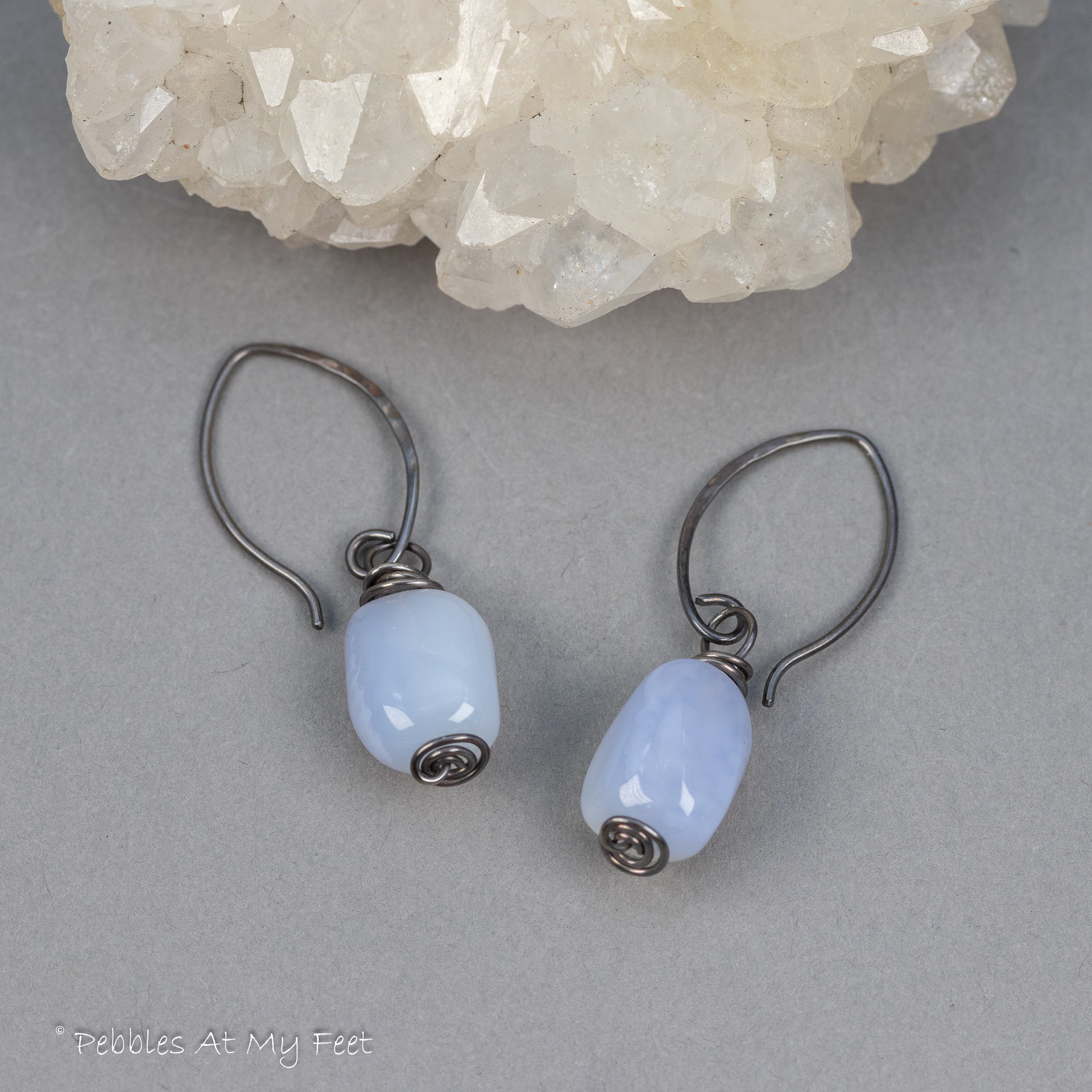 Sky blue Chalcedony Pebble Earrings Handmade in Sterling Silver