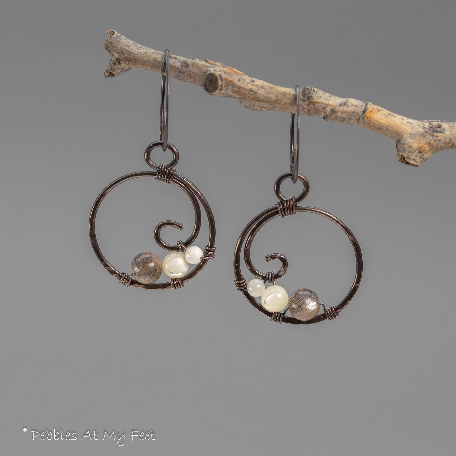 Moonstone and Mother of Pearl Copper Hoop Earrings
