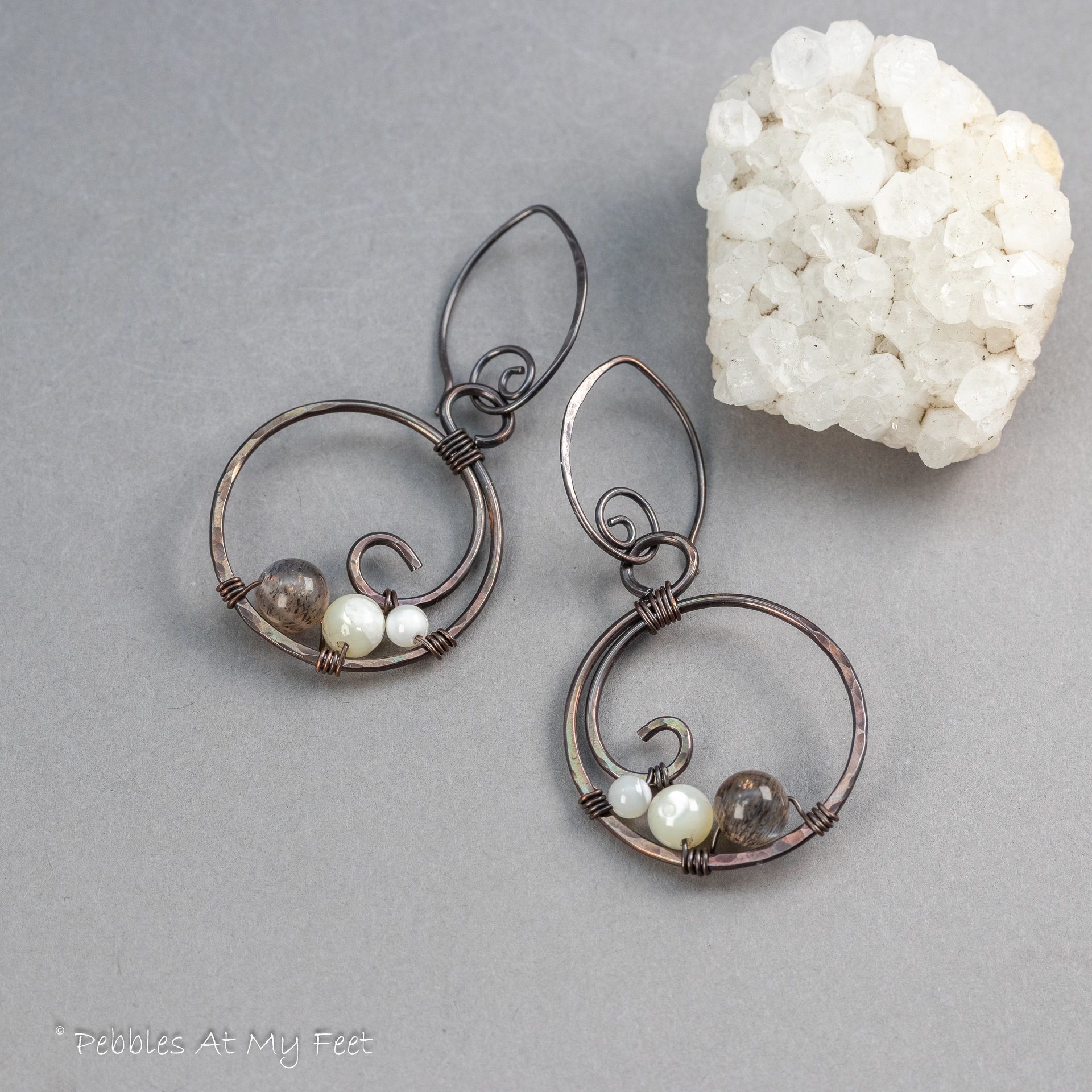 Moonstone and Mother of Pearl Copper Hoop Earrings