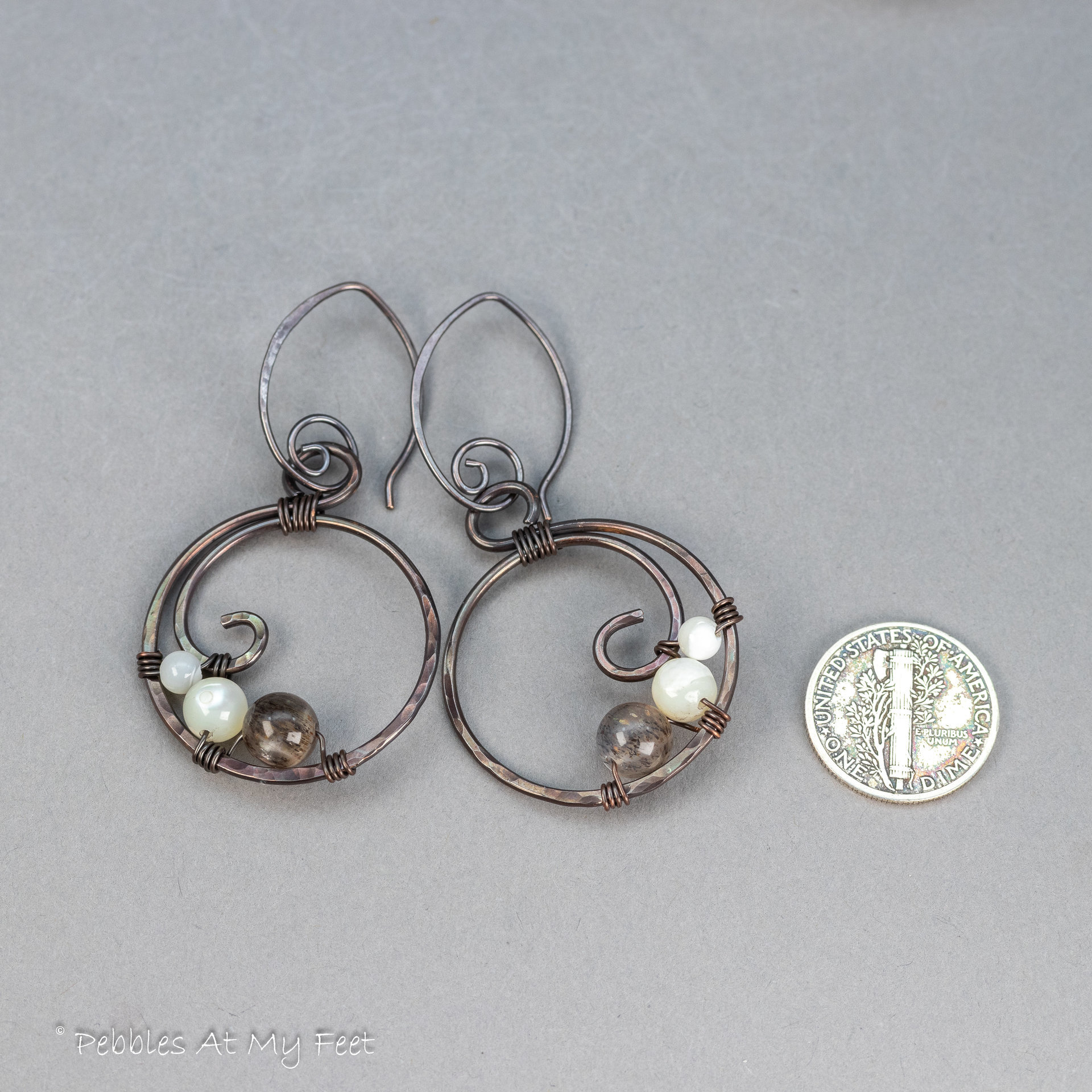 Moonstone and Mother of Pearl Copper Hoop Earrings